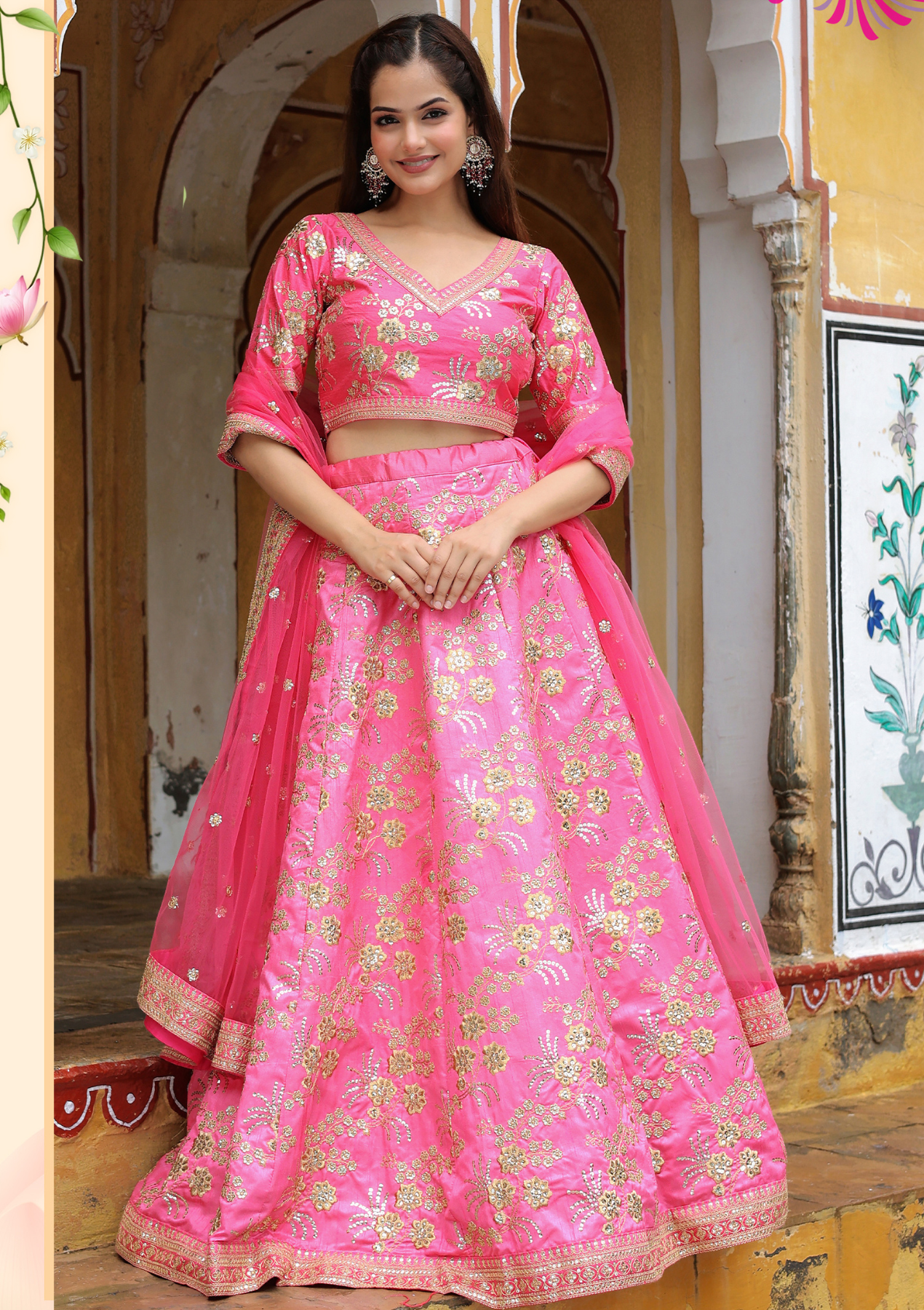 Elegant Pink Slub Silk Lehenga Choli with Zari, Dori & Sequins Embroidery