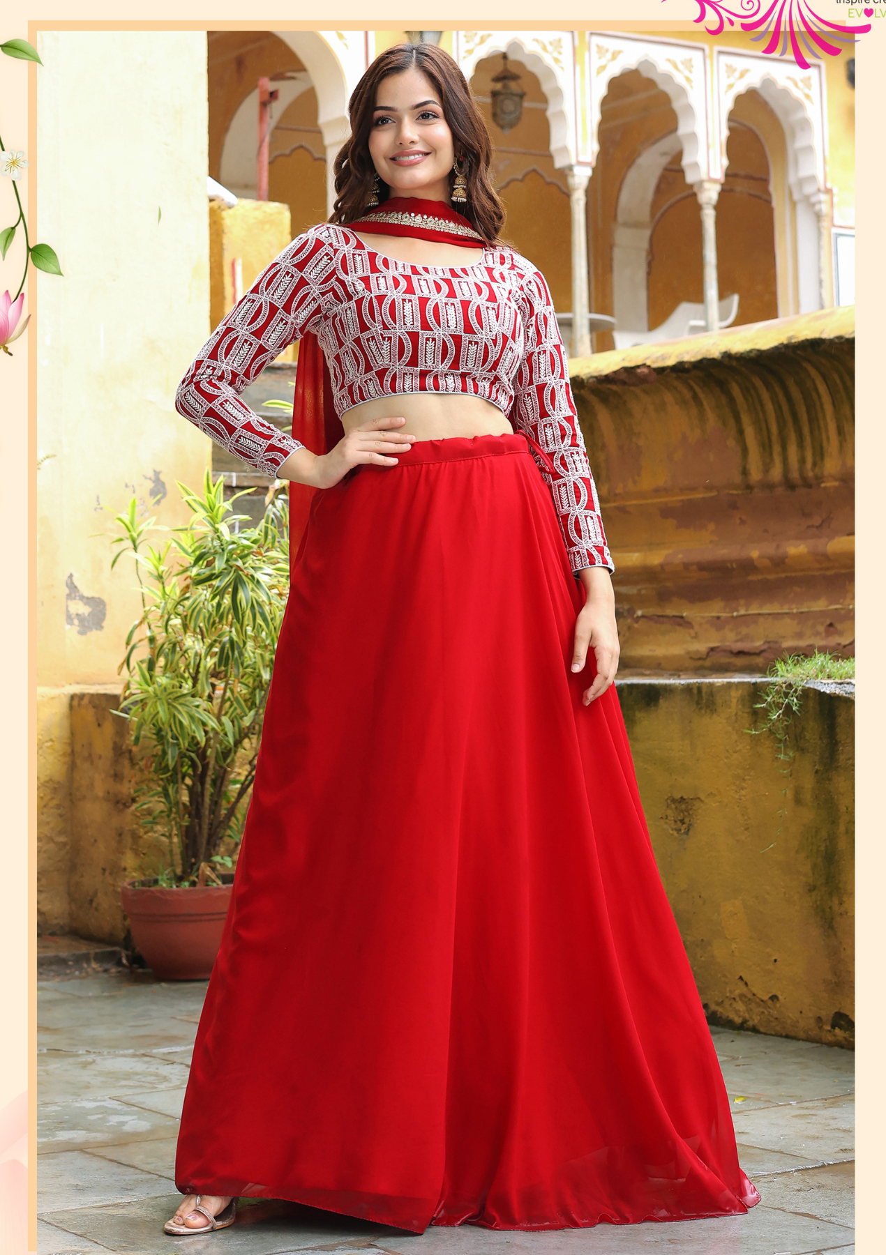 Red Georgette Thread & Sequin Embroidered Lehenga Choli with Dupatta – Semi-Stitched Ethnic Set