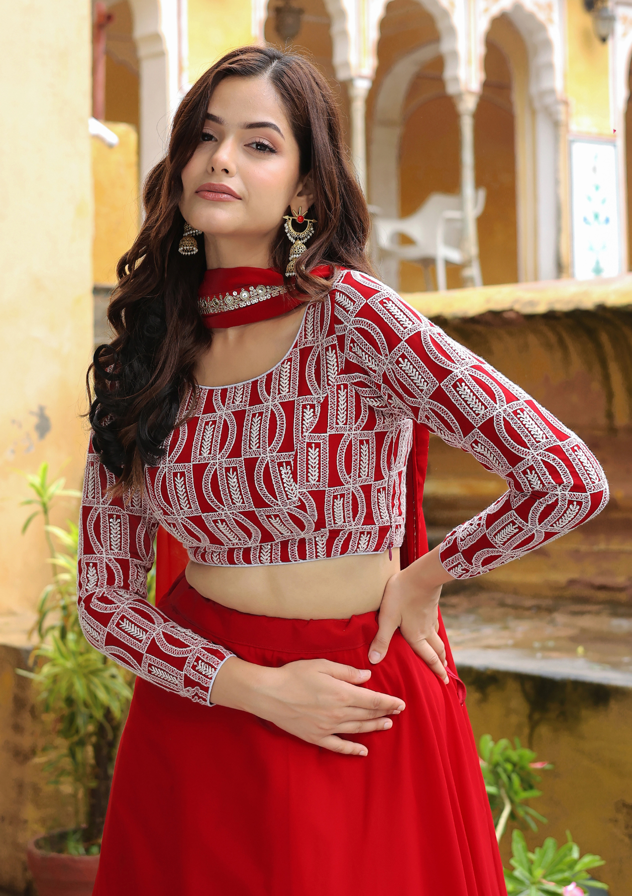 Red Georgette Thread & Sequin Embroidered Lehenga Choli with Dupatta – Semi-Stitched Ethnic Set