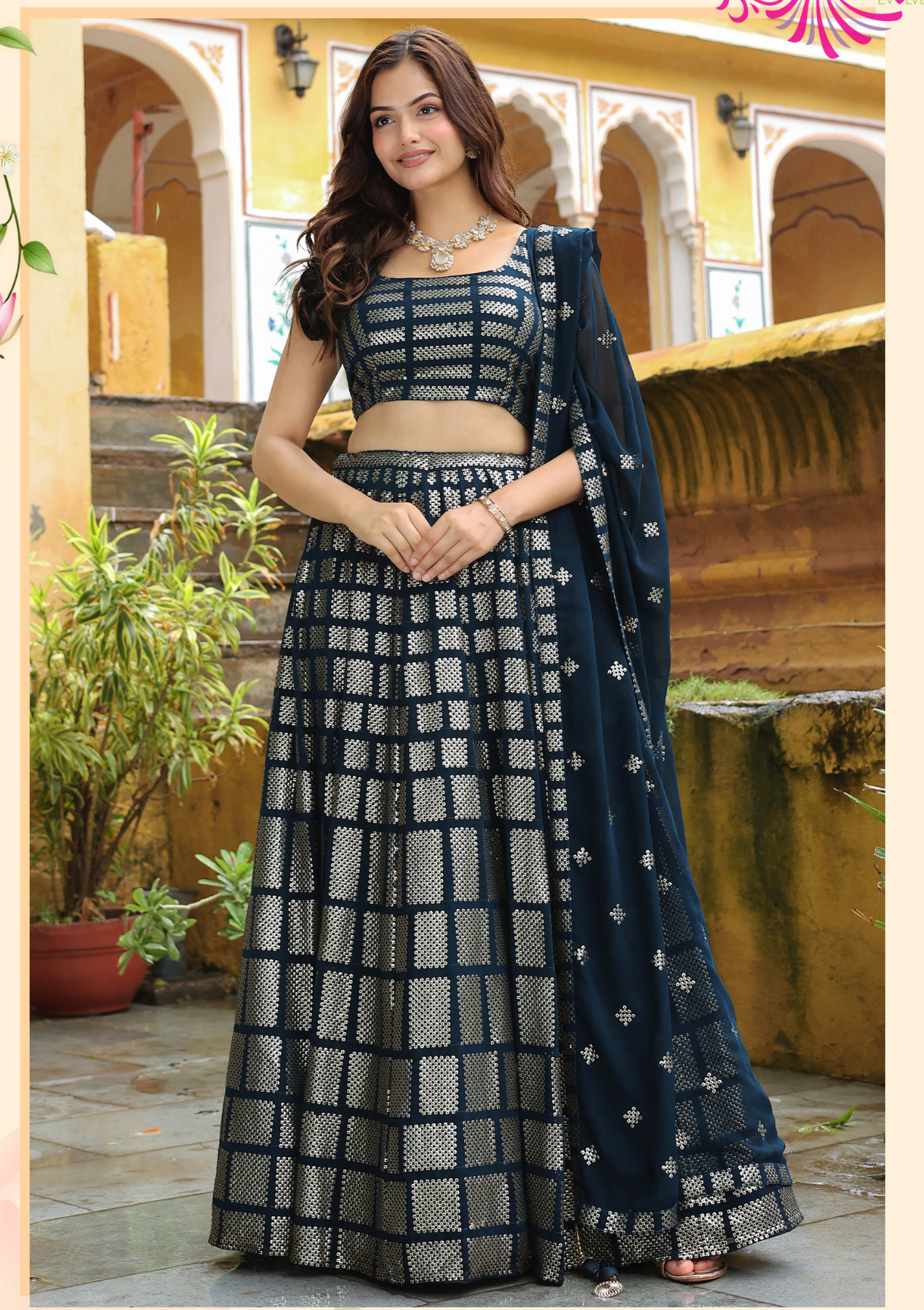 Dark Blue Georgette Lehenga Choli with Sequins & Thread Embroidery – Semi-Stitched with Soft Net Dupatta