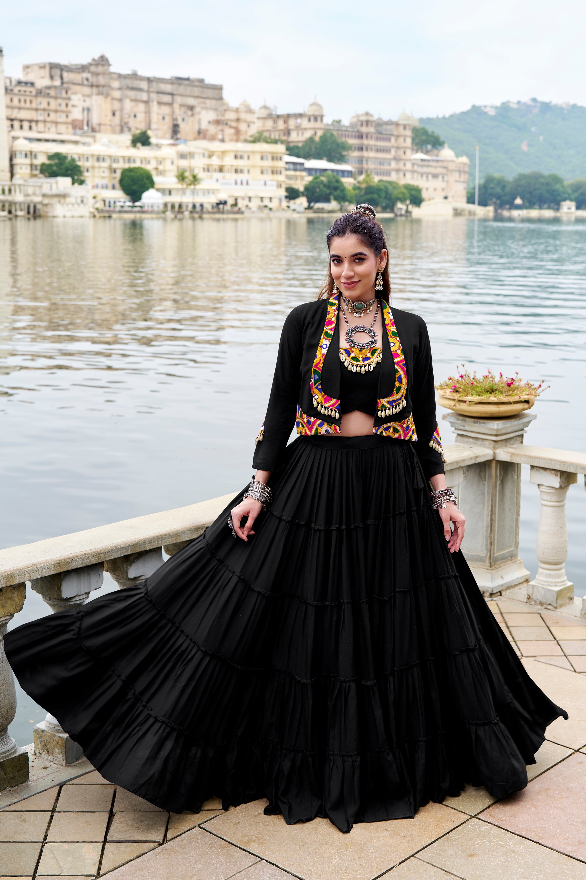 Navratri 2025 Pure Rayon black Lehenga Choli with Mirror Gamthi Work & Koti
