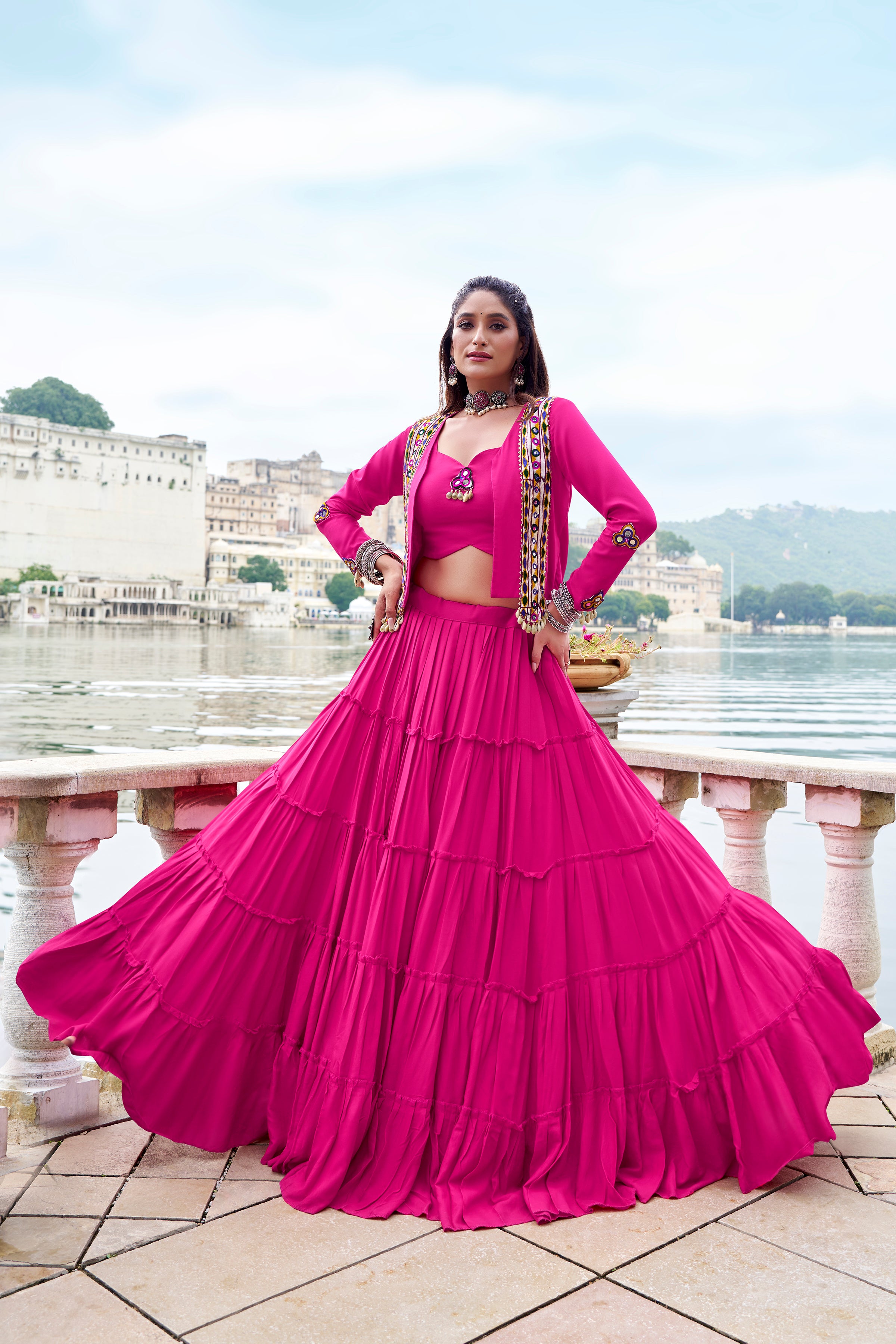 Navratri 2025 Pure Rayon Pink Lehenga Choli with Mirror Gamthi Work & Koti