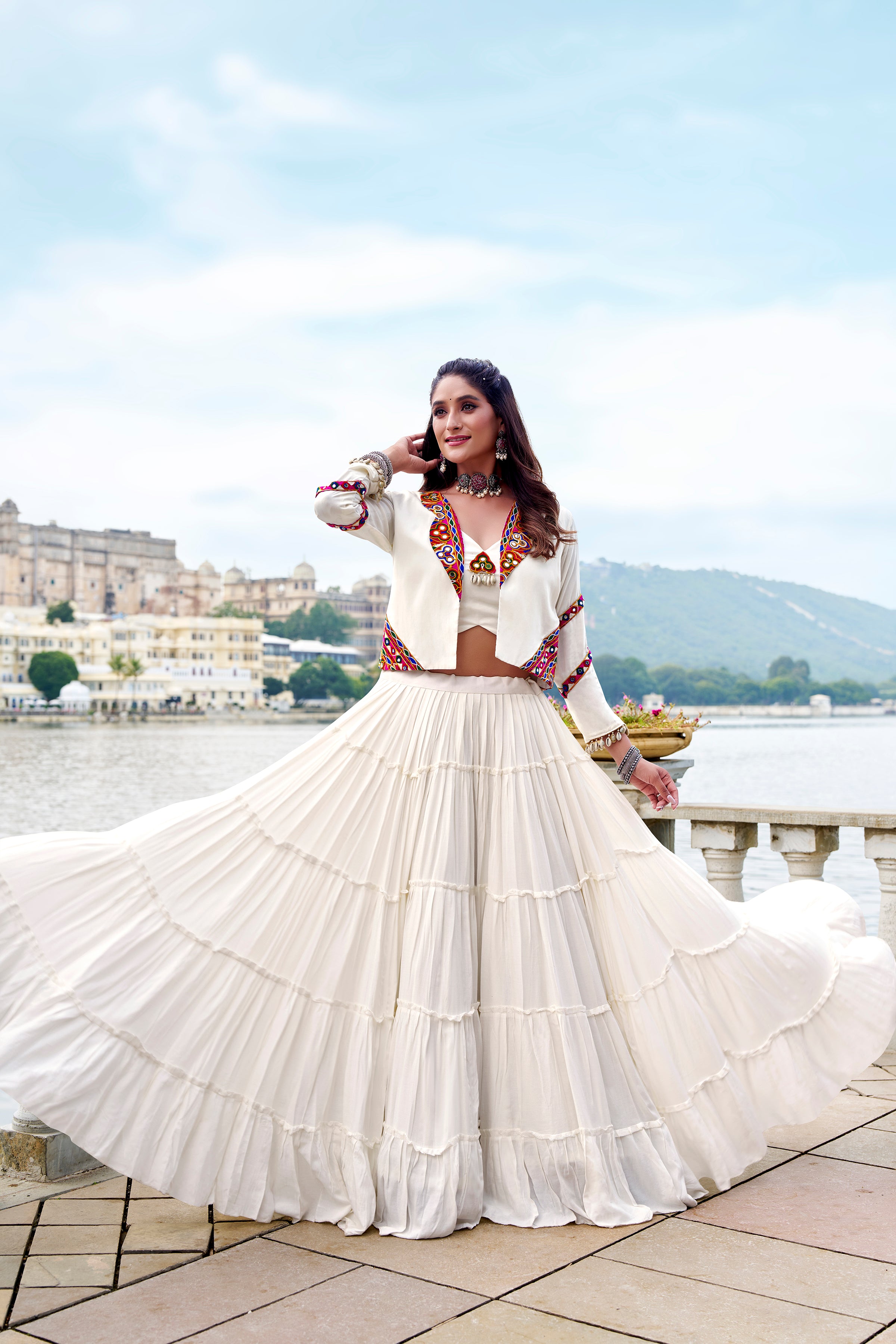 Navratri 2025 Pure Rayon White Lehenga Choli with Mirror Gamthi Work & Koti