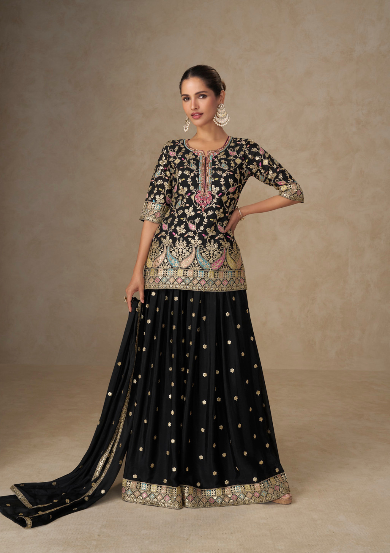 Real Chinon Embroidered Salwar Suit with Palazzo & Dupatta – Free Size Elegance