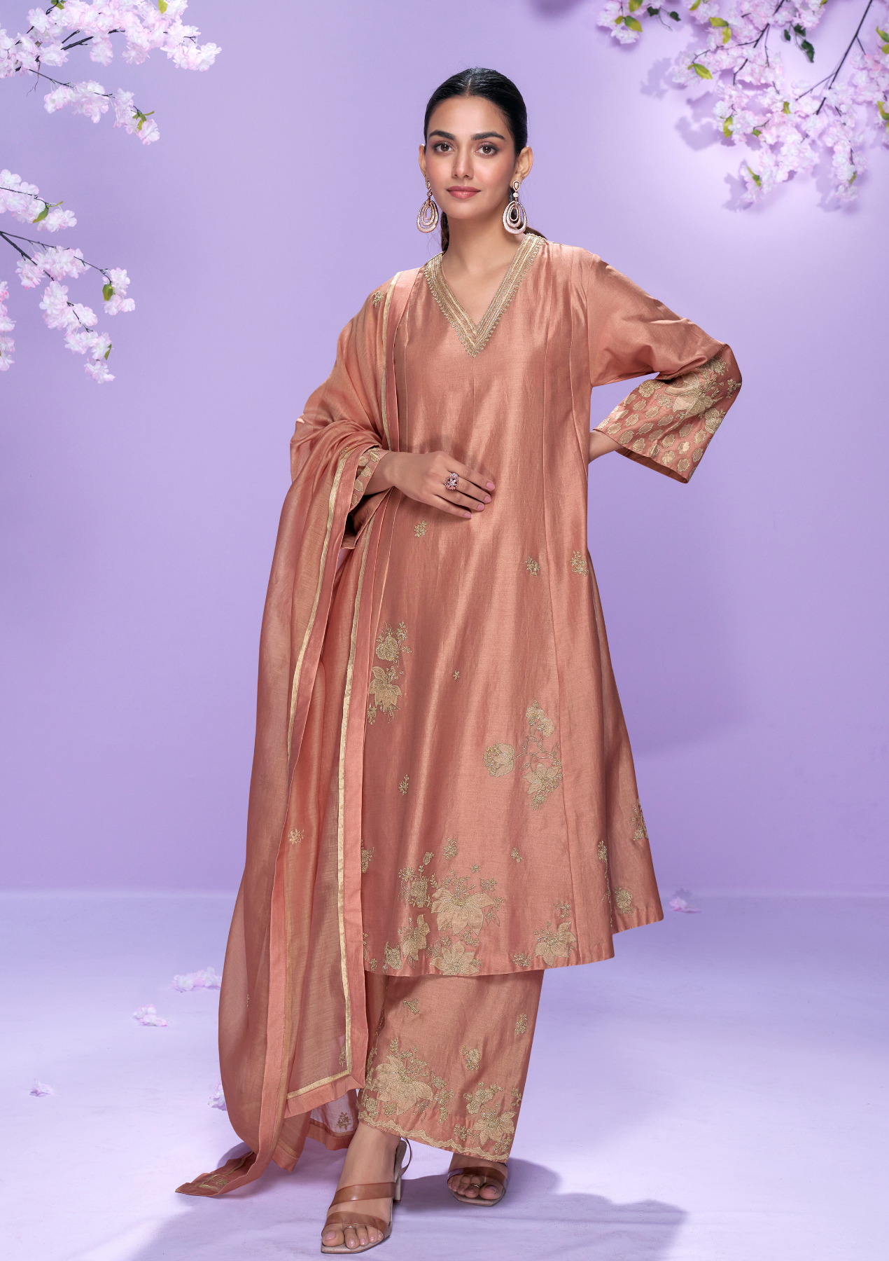 Real Premium Roman Silk Embroidered Salwar Suit with Long-Cut Top & Organza Dupatta – Sizes L to XXL