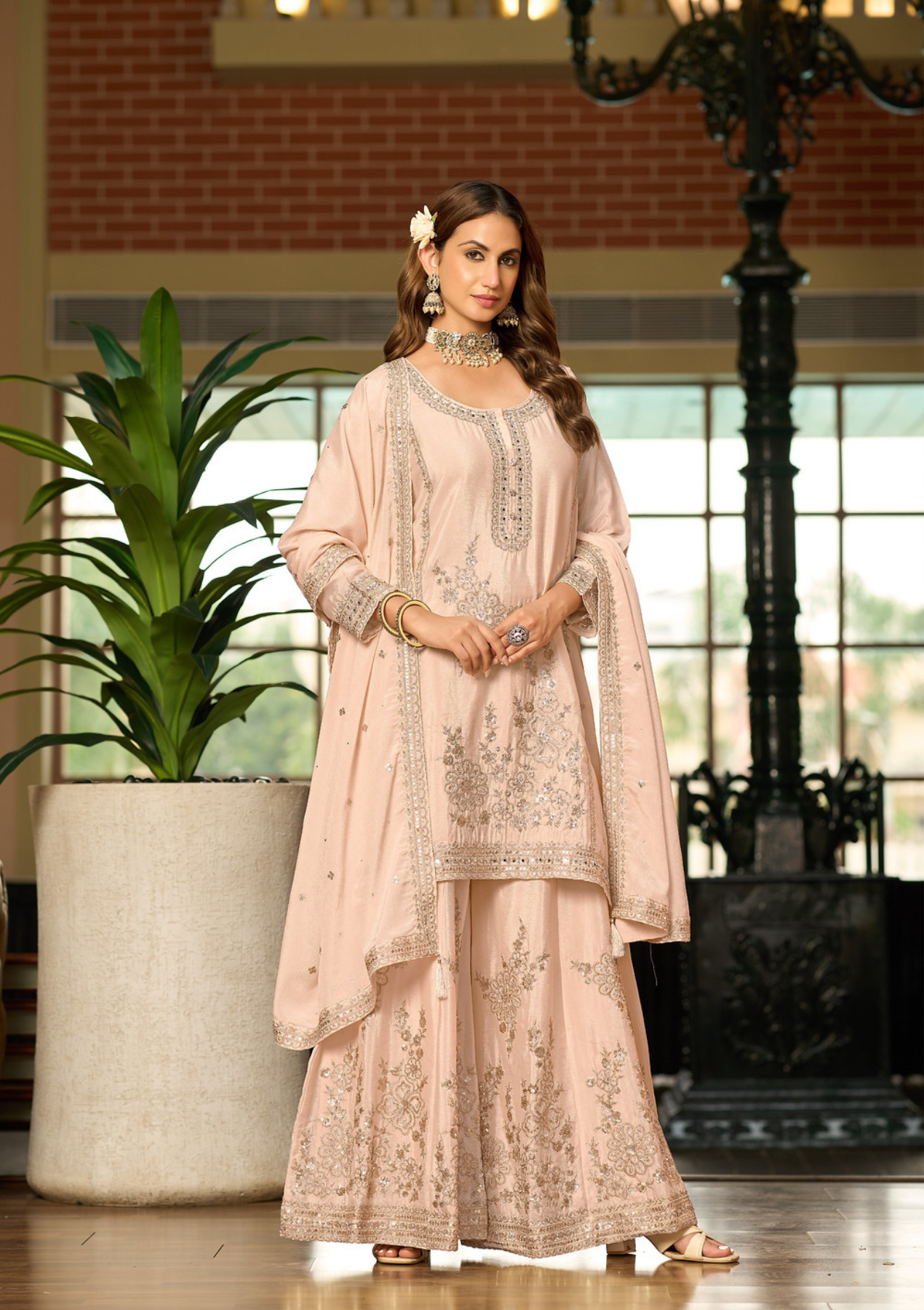Premium Chinon Silk Embroidered Salwar Suit with Handwork & Heavy Palazzo – Sizes L to 3XL