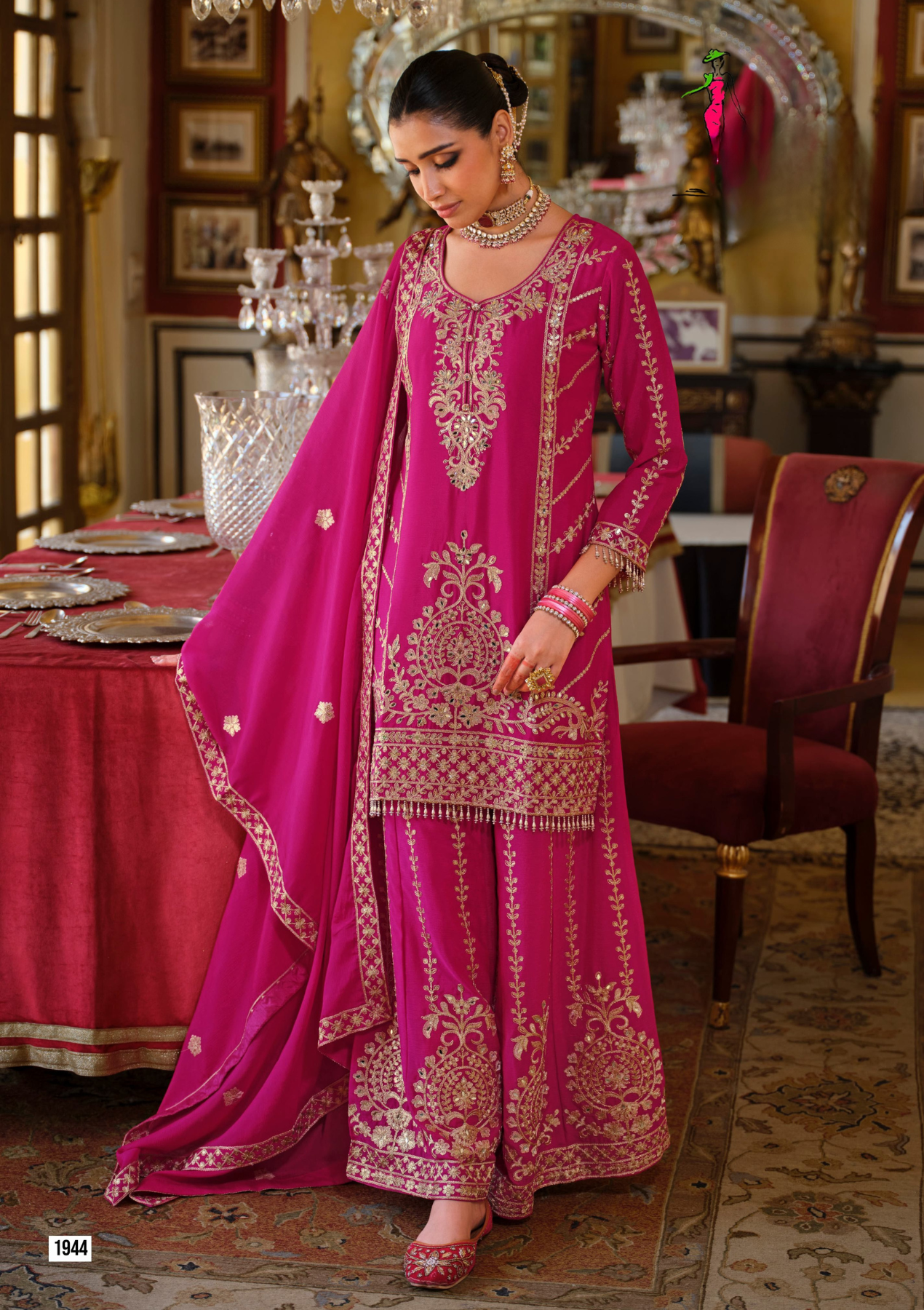 Heavy Chinon Embroidered Salwar Suit with Dupatta & Plazzo – Sizes M to 3XL