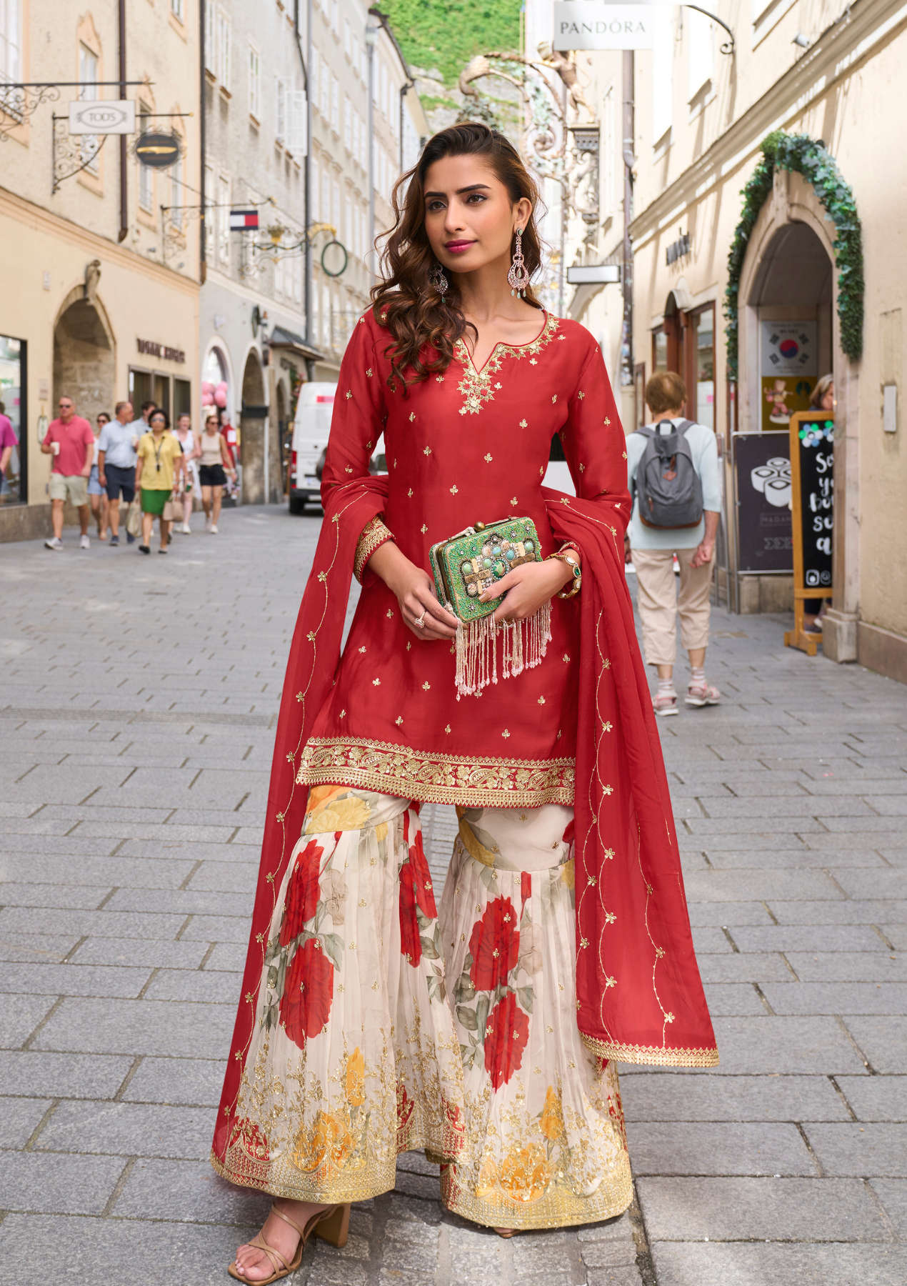 Real Chinon & Tabi Silk Digital Red Color Salwar Suit with Embroidery – Sizes L to 3XL