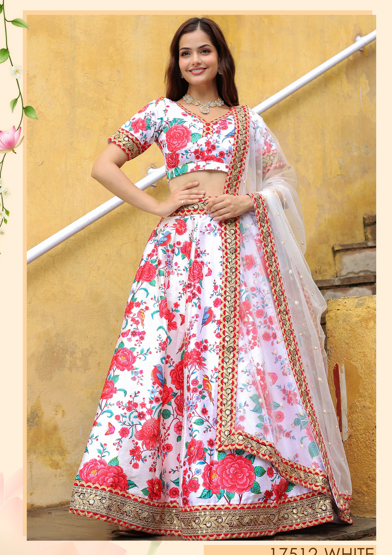 White-Red Art Silk Floral Embroidered Lehenga Choli with Dupatta