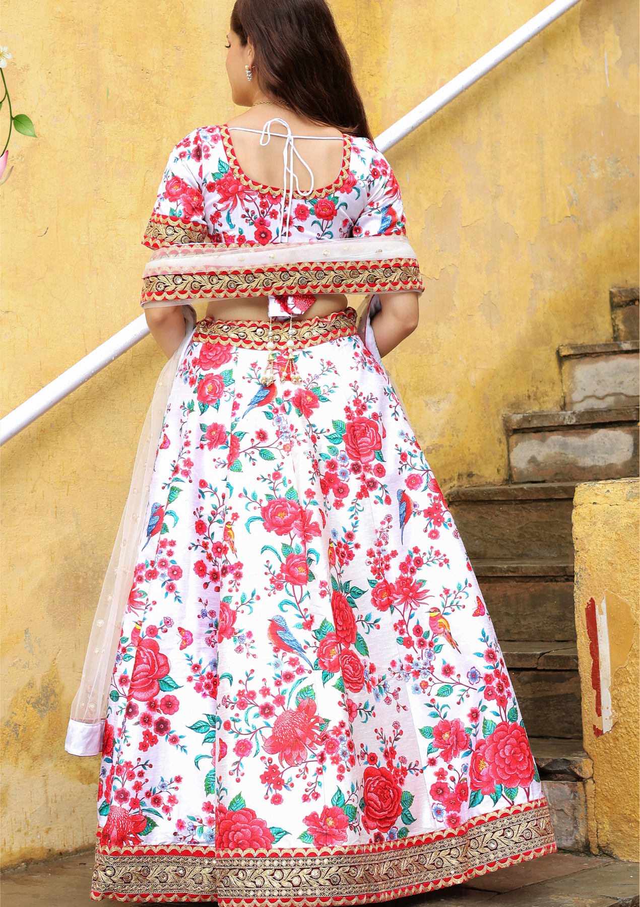 White-Red Art Silk Floral Embroidered Lehenga Choli with Dupatta