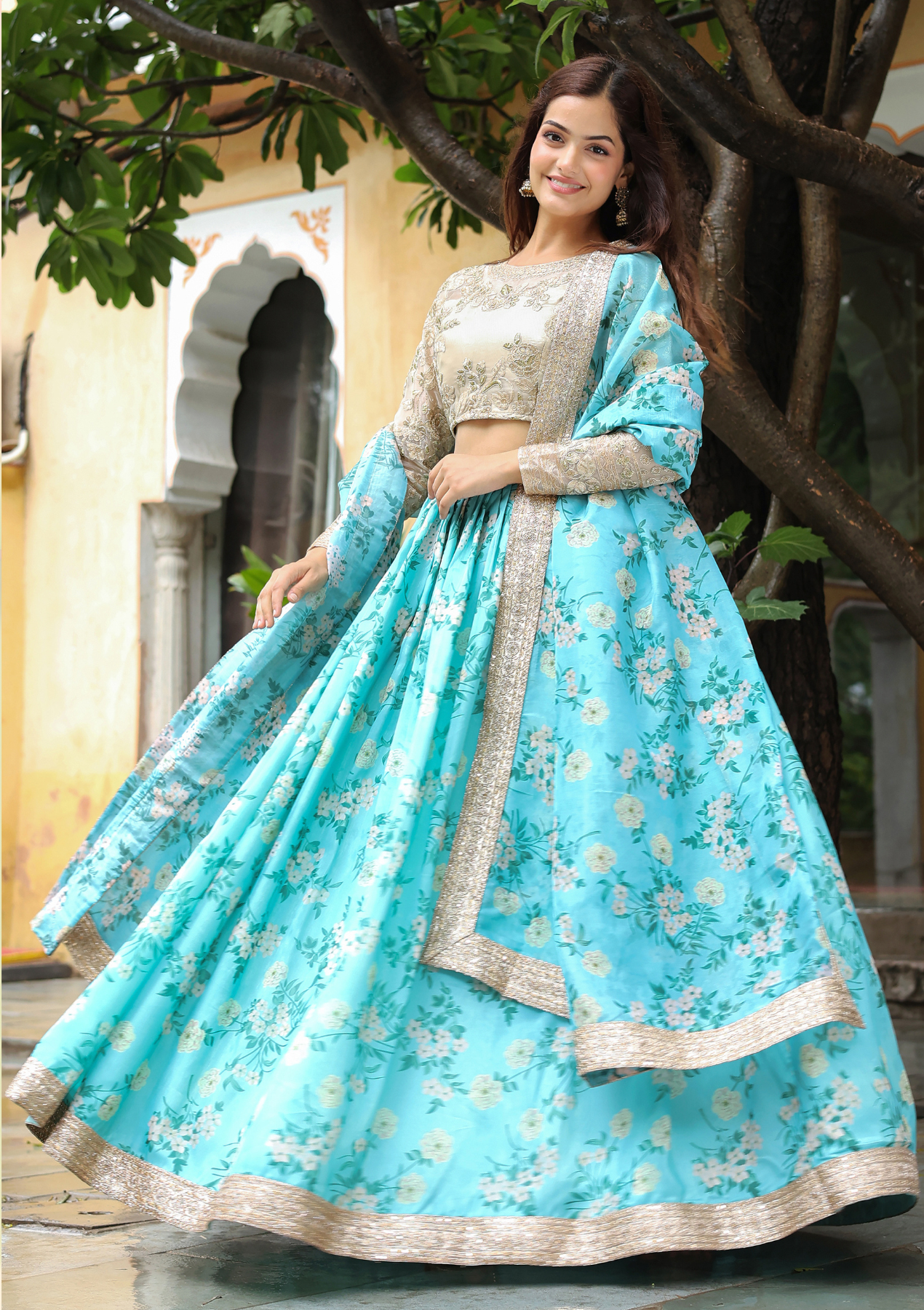 Sky Blue & Beige Organza Lehenga Choli with Floral Print and Zari Sequins Embroidery