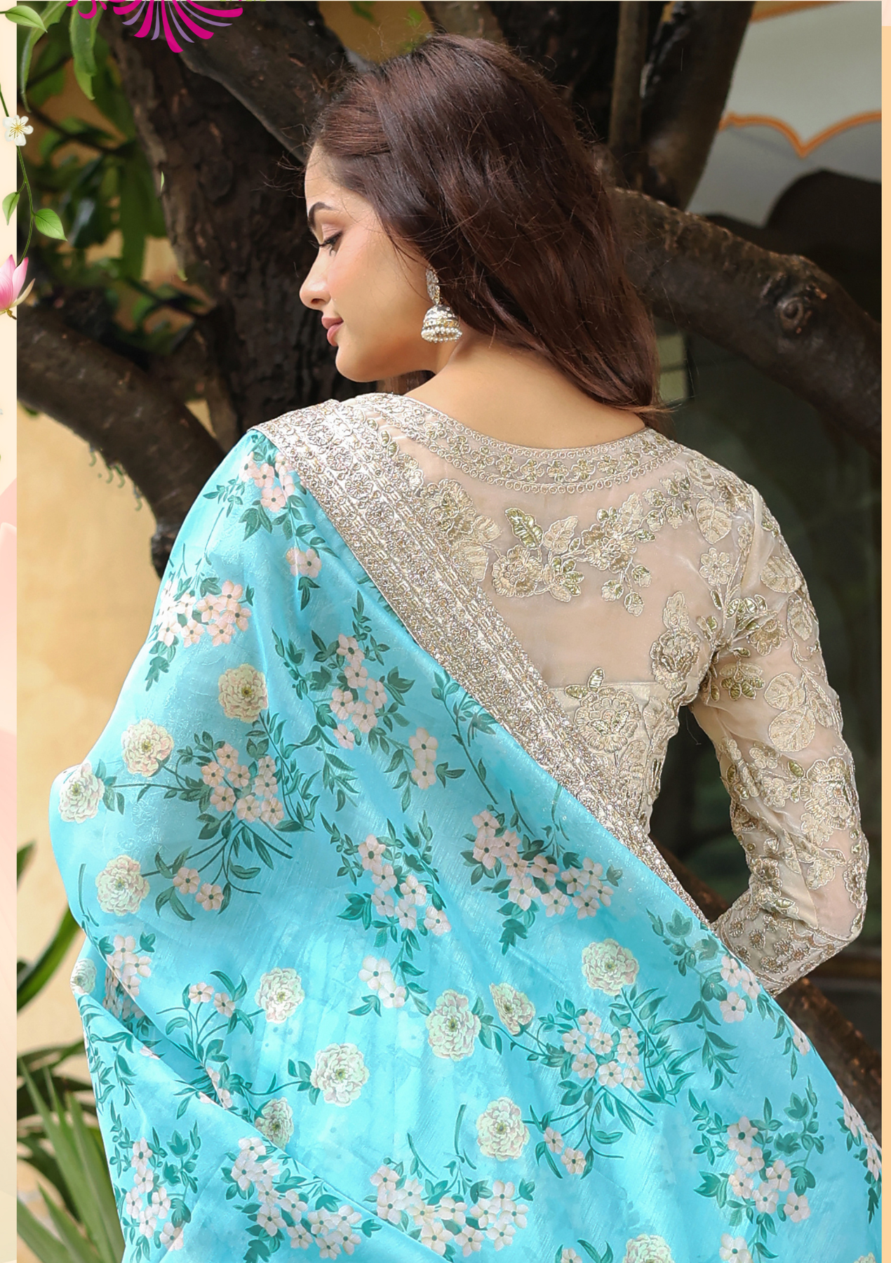 Sky Blue & Beige Organza Lehenga Choli with Floral Print and Zari Sequins Embroidery