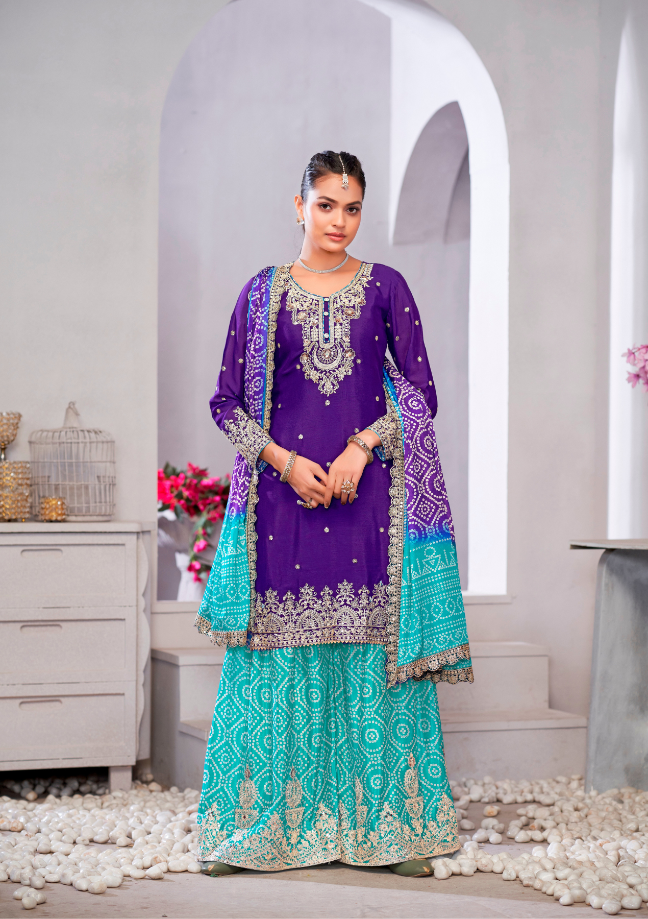 Premium Chinnon Readymade Salwar Suit with Sharara & Digital Print Dupatta – Free Size XL