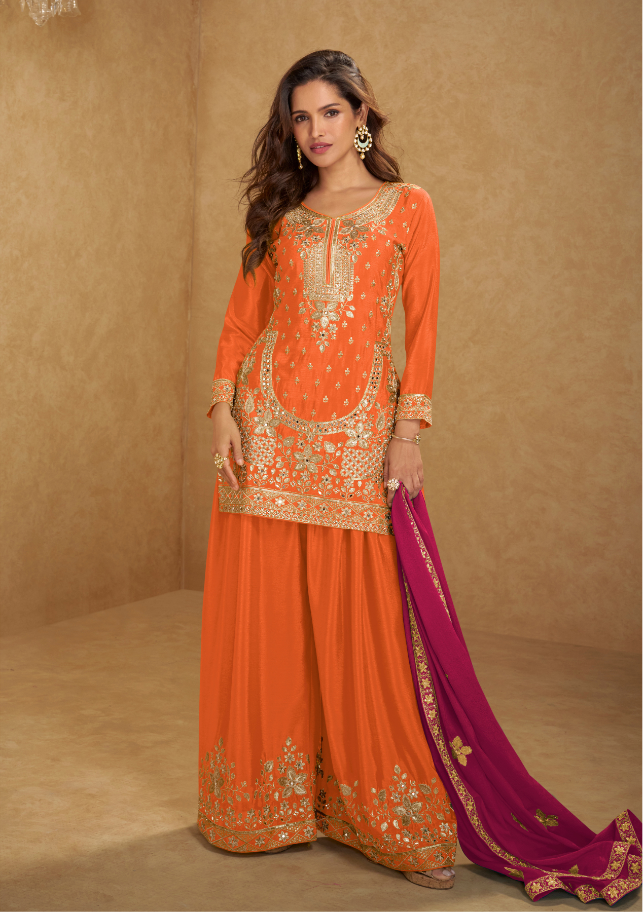 Real Chinon Embroidered & Handwork Salwar Suit with Dupatta & Plazzo