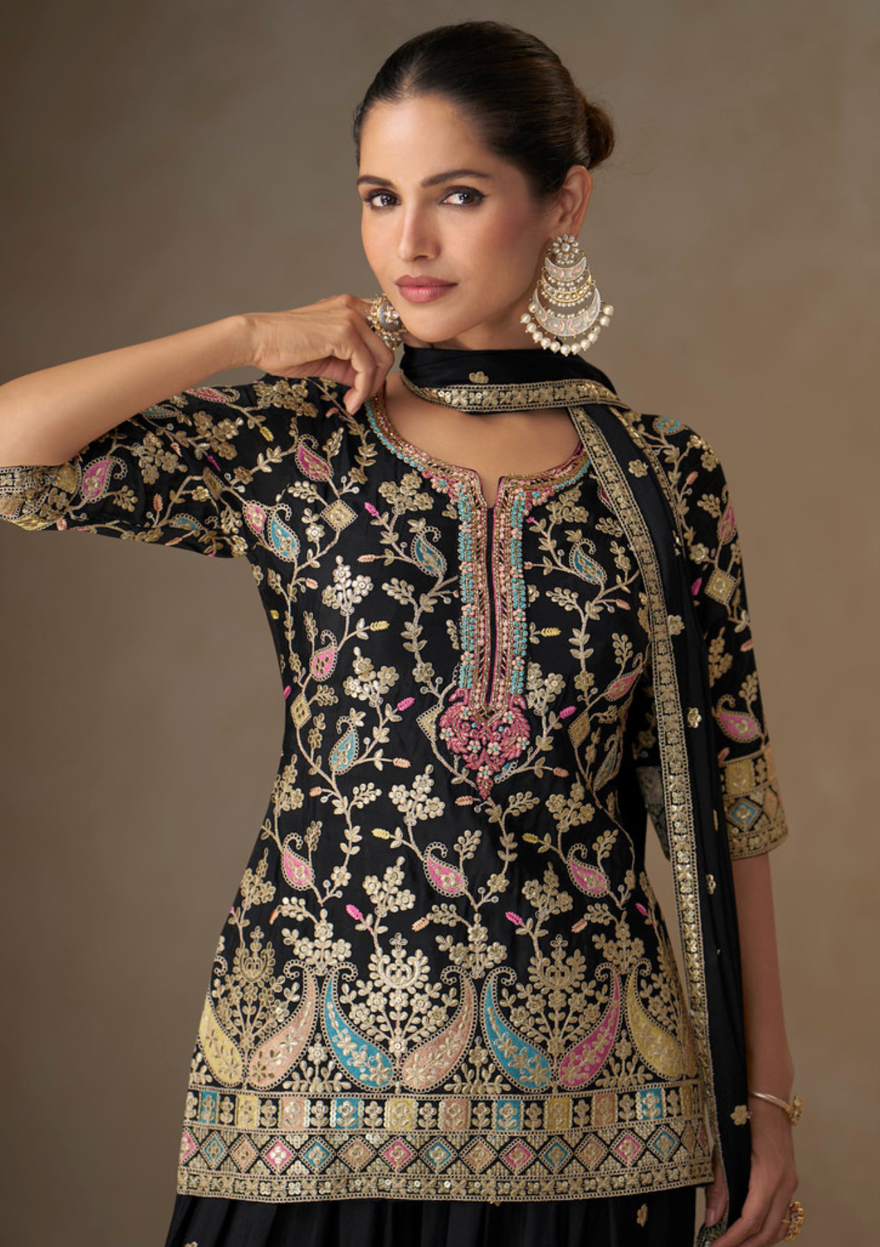 Real Chinon Embroidered Salwar Suit with Palazzo & Dupatta – Free Size Elegance