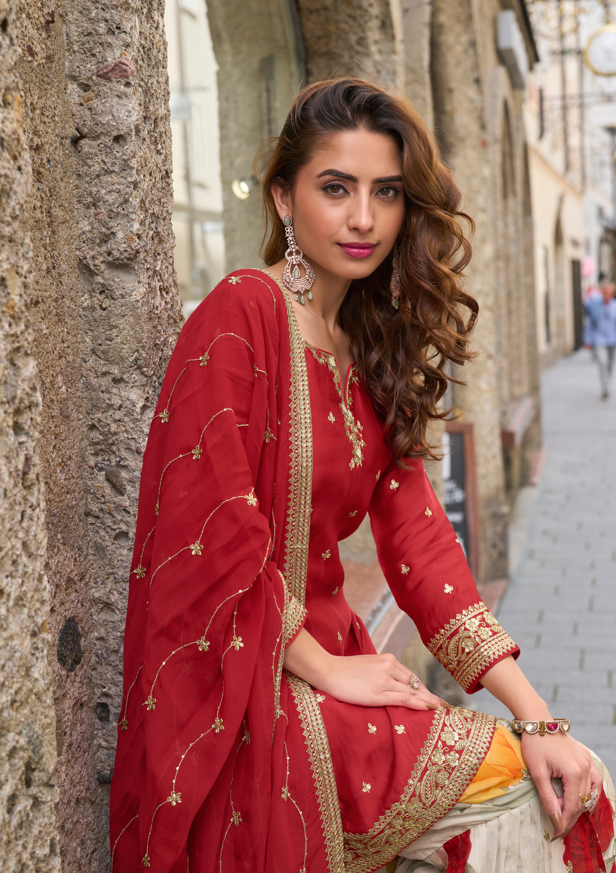 Real Chinon & Tabi Silk Digital Red Color Salwar Suit with Embroidery – Sizes L to 3XL