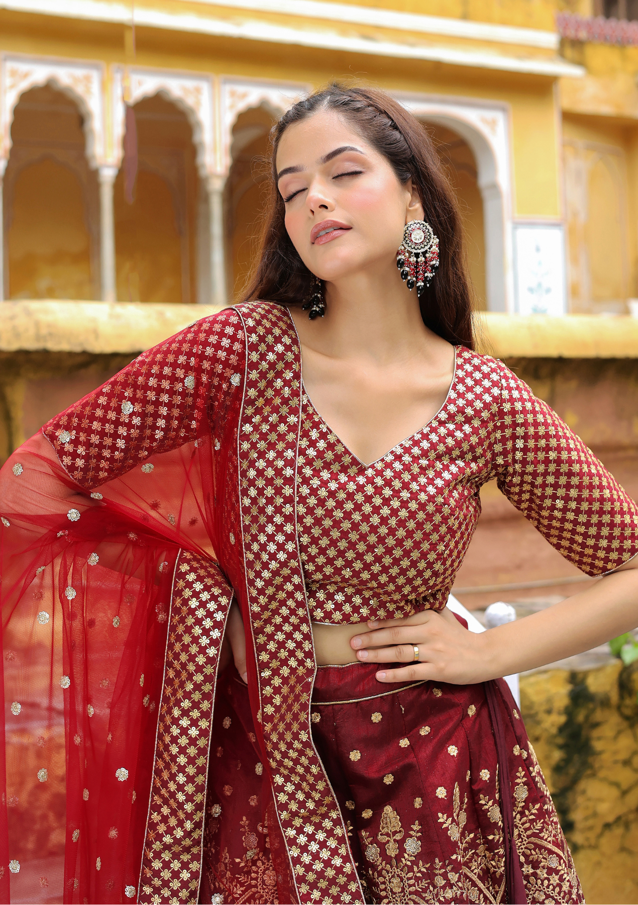 Maroon Raw Silk Lehenga Choli with Zari & Sequins Embroidery Work