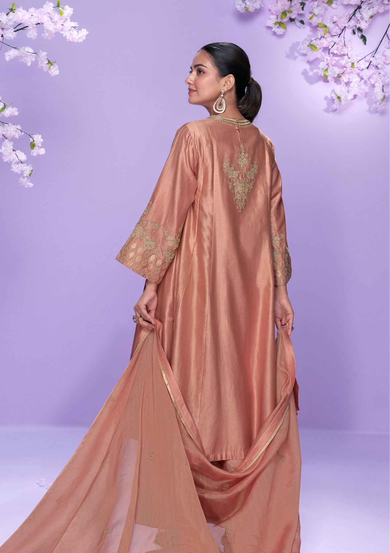 Real Premium Roman Silk Embroidered Salwar Suit with Long-Cut Top & Organza Dupatta – Sizes L to XXL