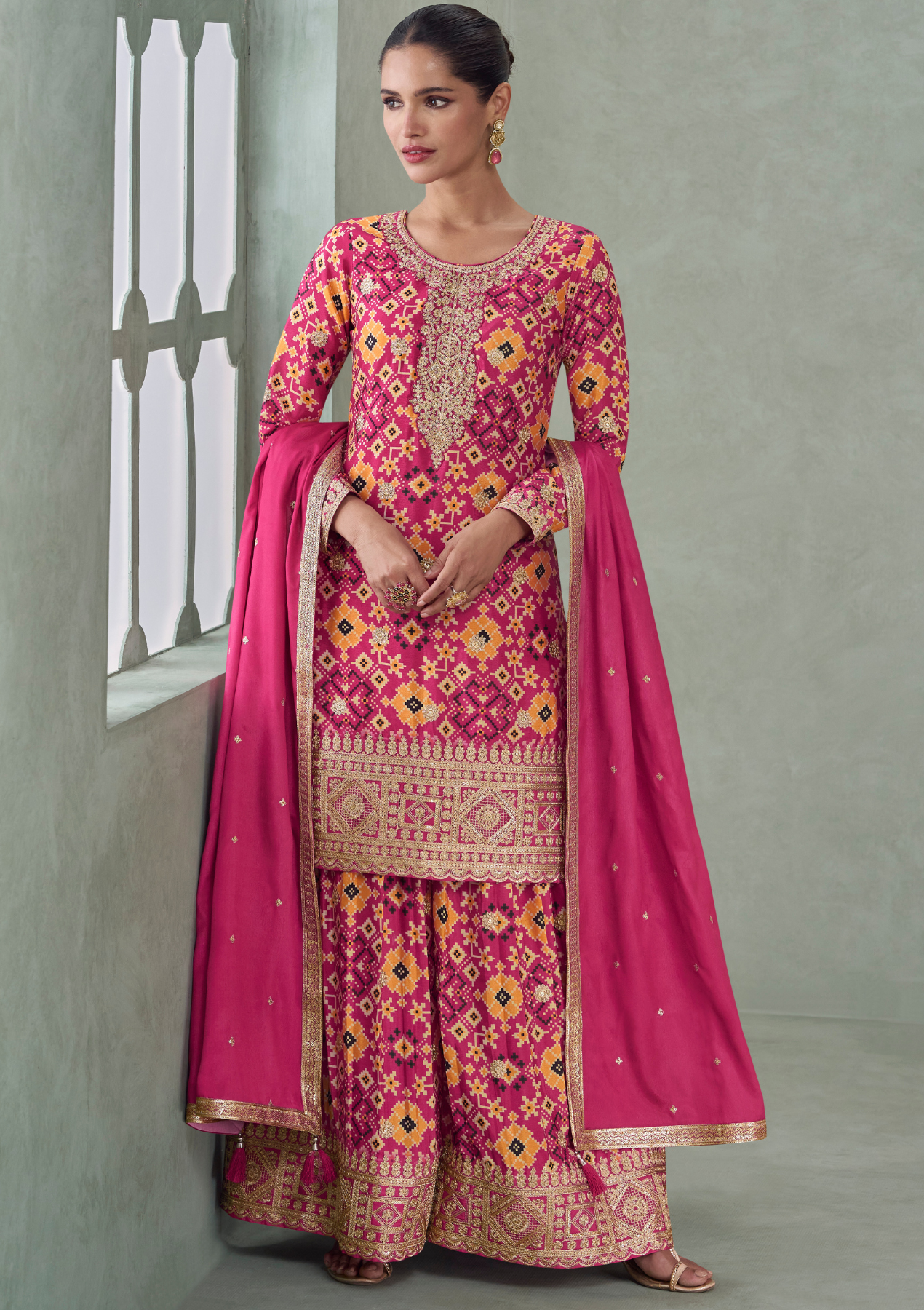 Premium Pink Color Chinnon Silk Salwar Suit with Plazzo & Dupatta – Free Size Stitched Designer Suit