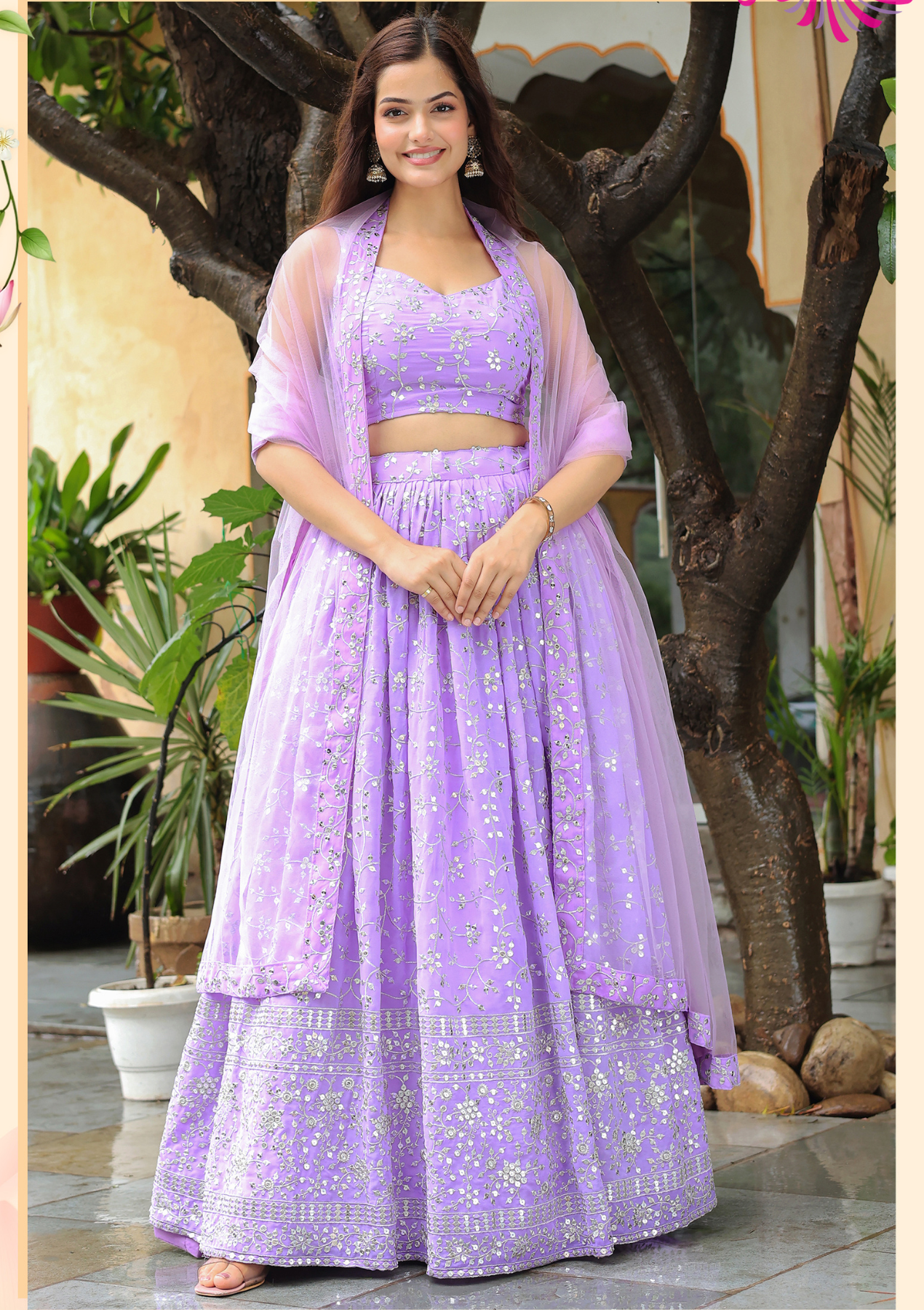 Lavender Zari & Sequins Embroidered Georgette Lehenga Choli with Soft Net Dupatta – Semi-Stitched Set