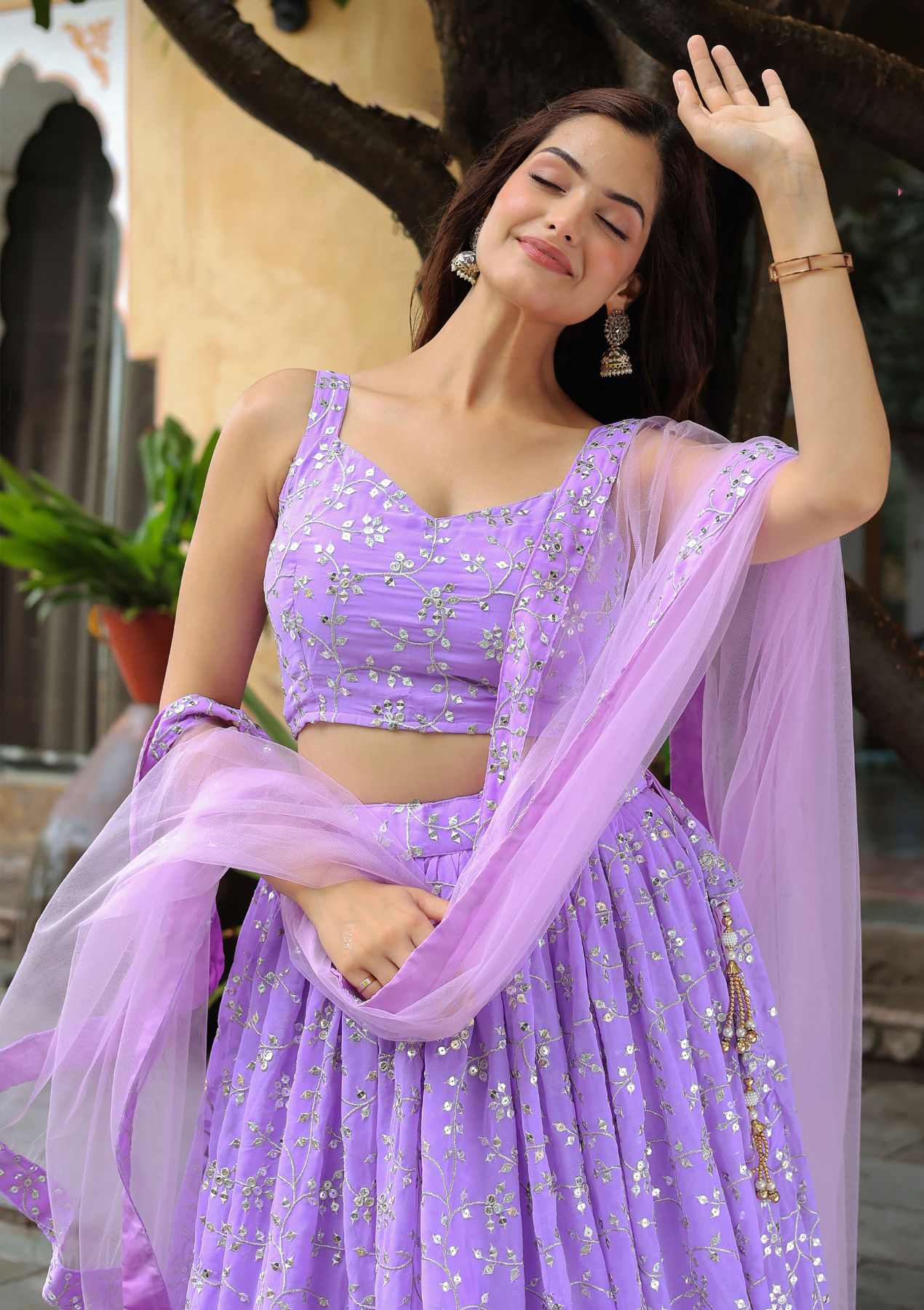 Lavender Zari & Sequins Embroidered Georgette Lehenga Choli with Soft Net Dupatta – Semi-Stitched Set