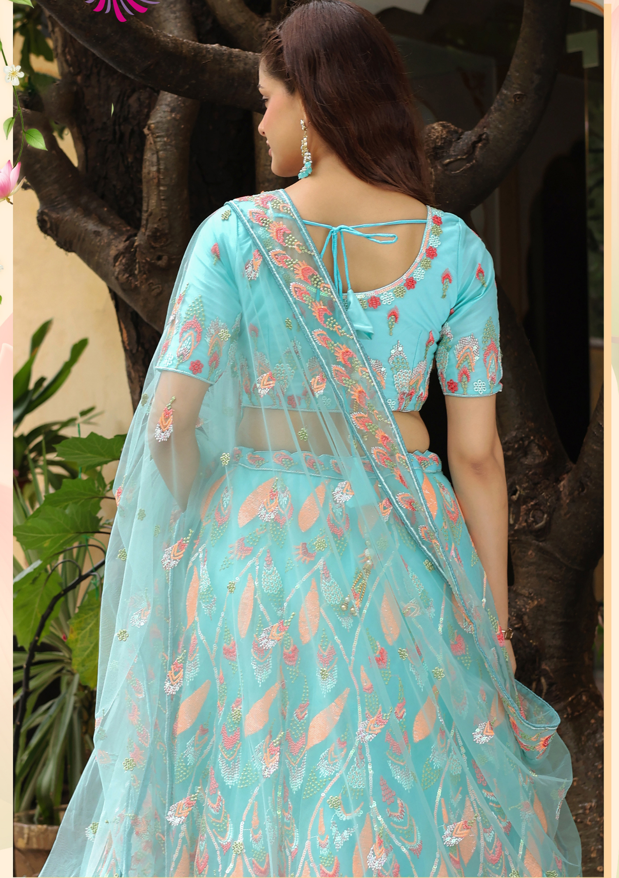 Sky Blue Soft Net Lehenga Choli with Sequins & Thread Embroidery – Semi-Stitched with Dupatta