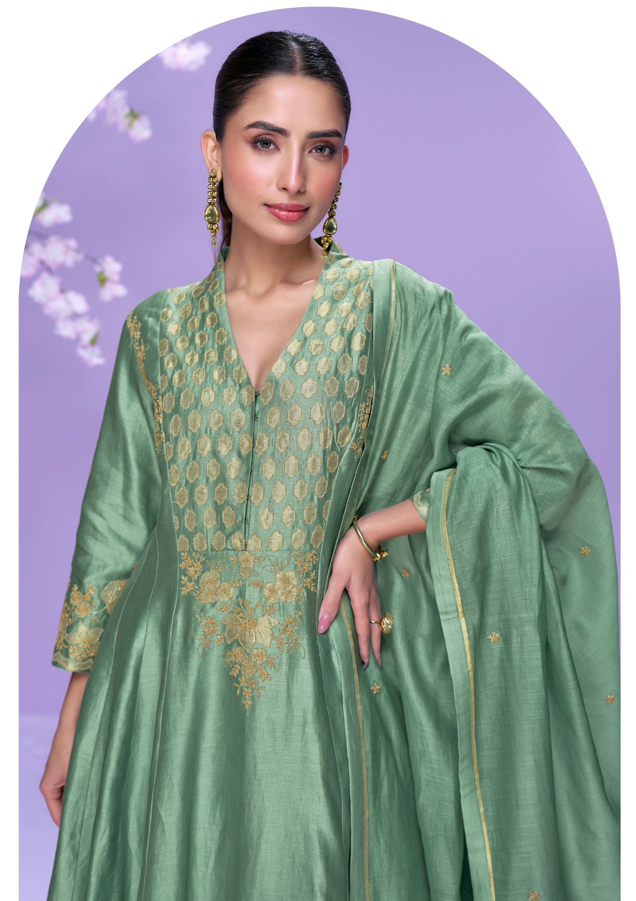 Real Premium Roman Silk Embroidered Salwar Suit with Long-Cut Top & Organza Dupatta – Sizes L to XXL