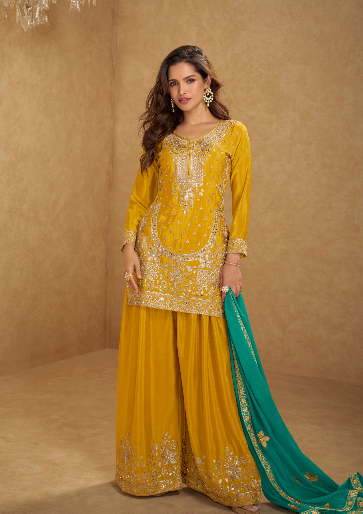 Real Chinon Embroidered & Handwork Salwar Suit with Dupatta & Plazzo