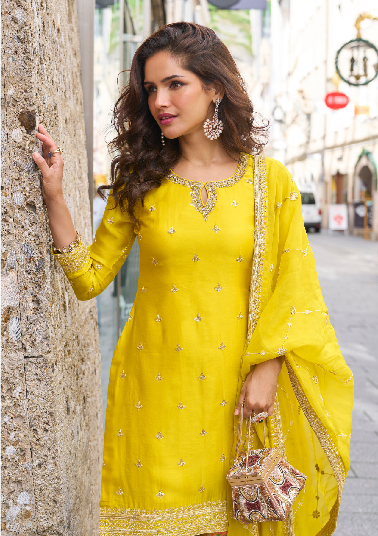 Real Chinon & Tabi Silk Digital Yellow Color Salwar Suit with Embroidery – Sizes L to 3XL