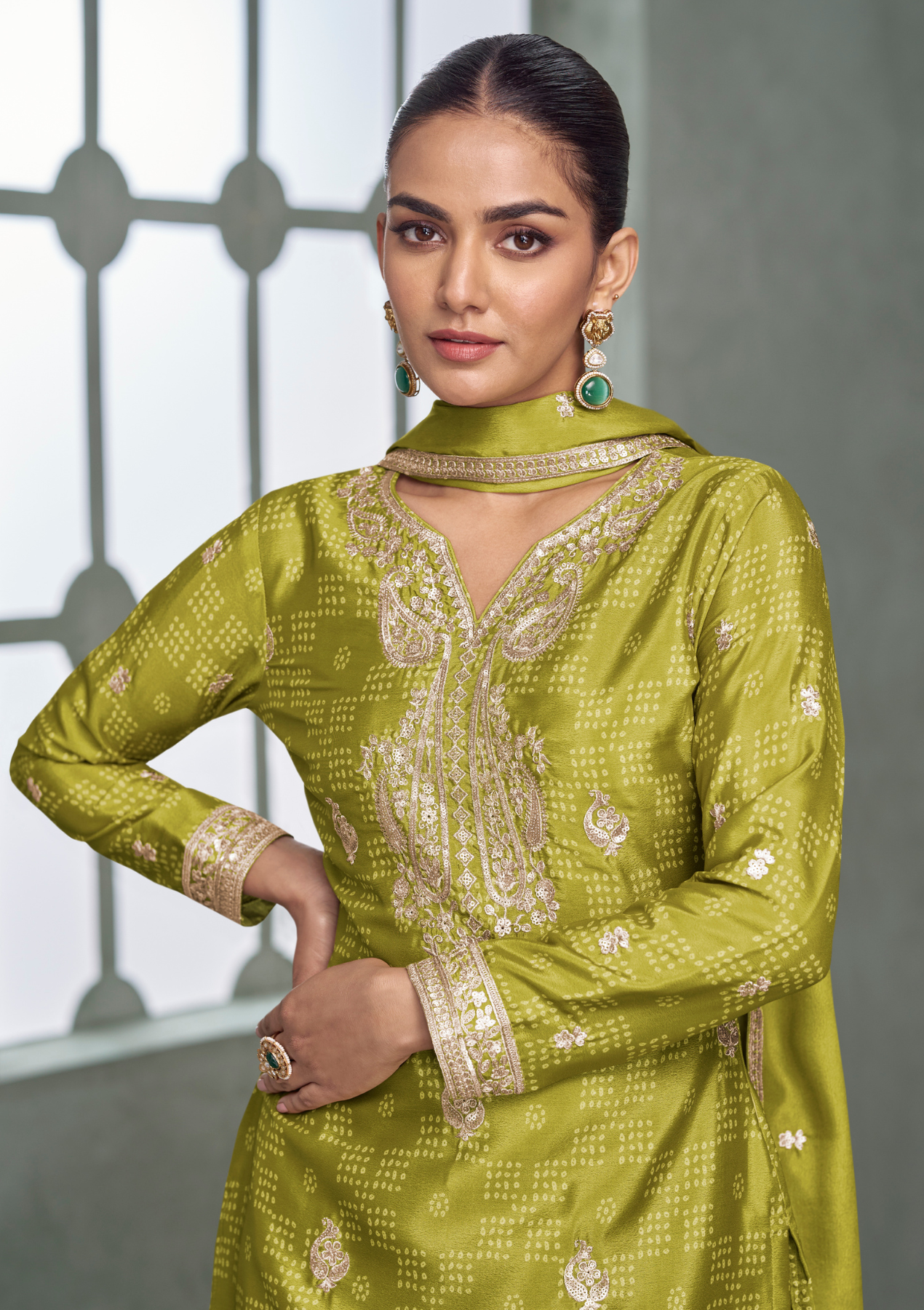 Premium Green Color Chinnon Silk Salwar Suit with Plazzo & Dupatta – Free Size Stitched Designer Suit