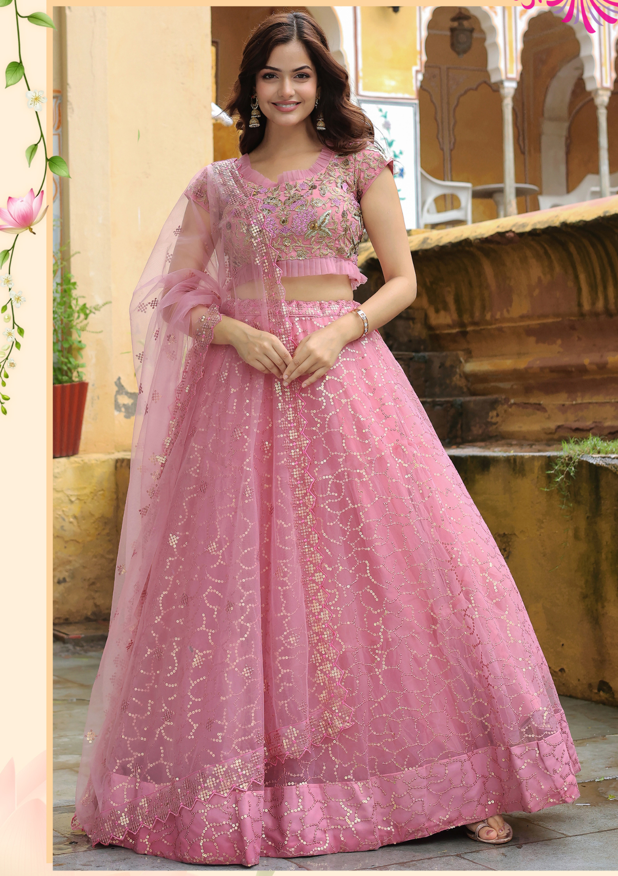 Pink Embroidered Soft Net Lehenga Choli with Zari & Resham Work