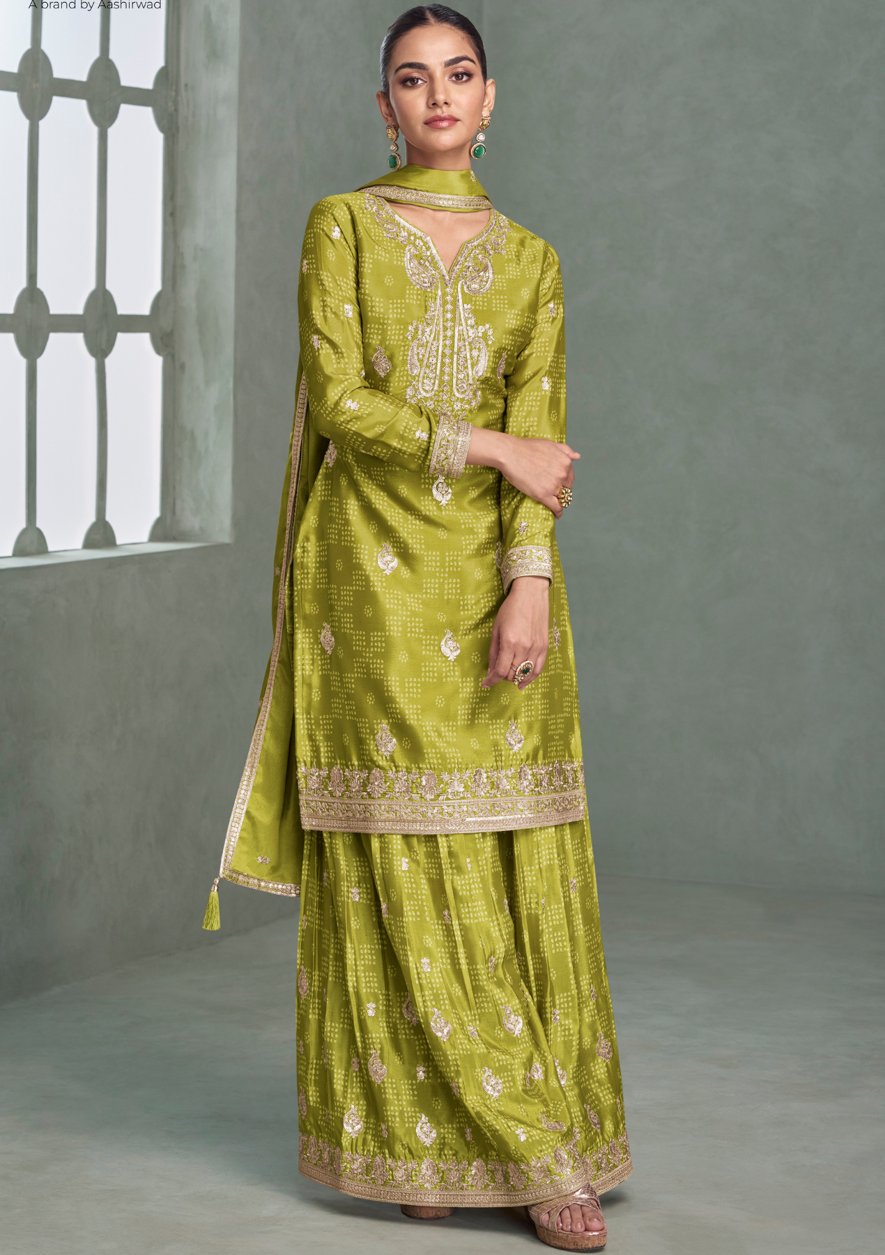 Premium Green Color Chinnon Silk Salwar Suit with Plazzo & Dupatta – Free Size Stitched Designer Suit
