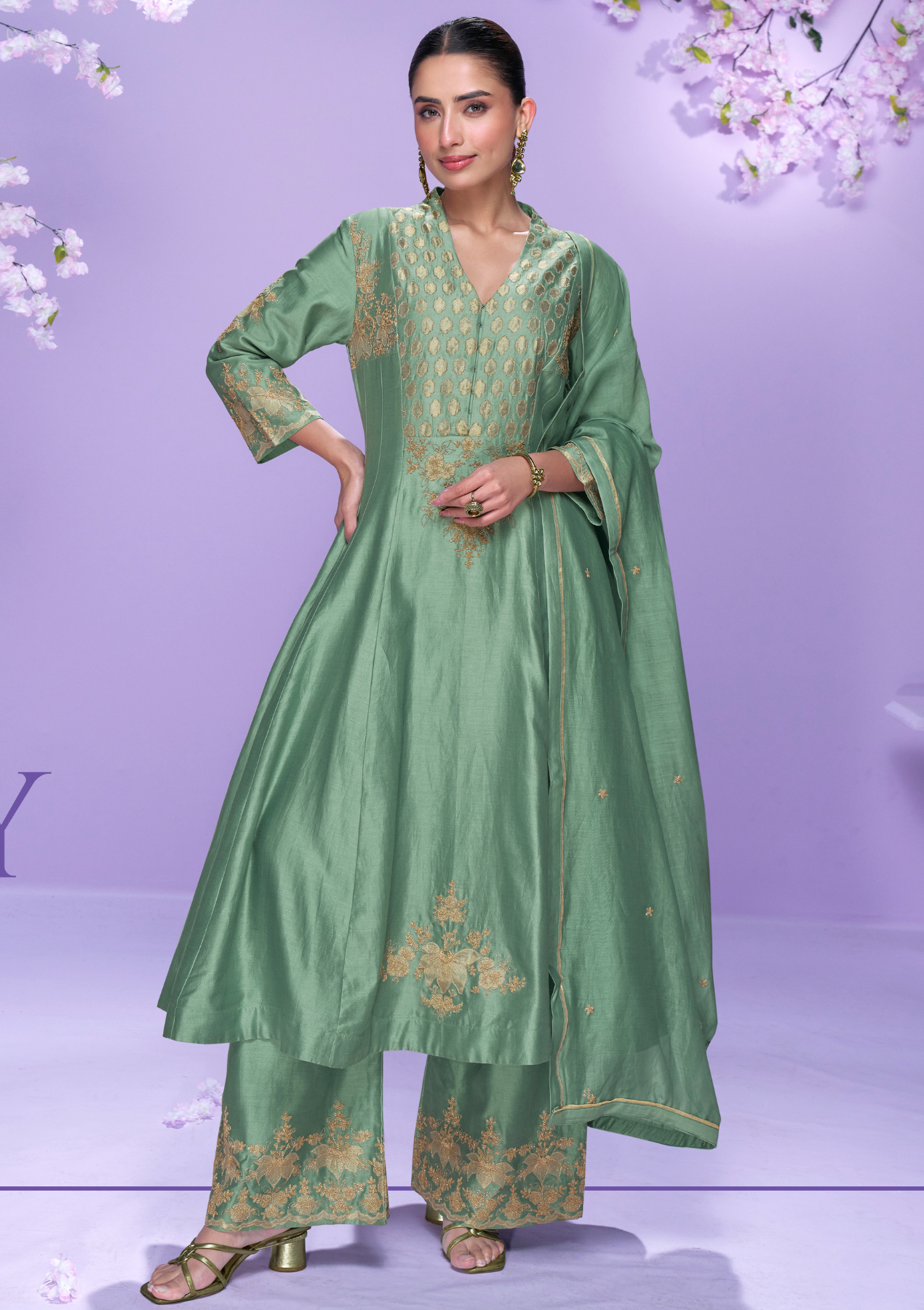 Real Premium Roman Silk Embroidered Salwar Suit with Long-Cut Top & Organza Dupatta – Sizes L to XXL