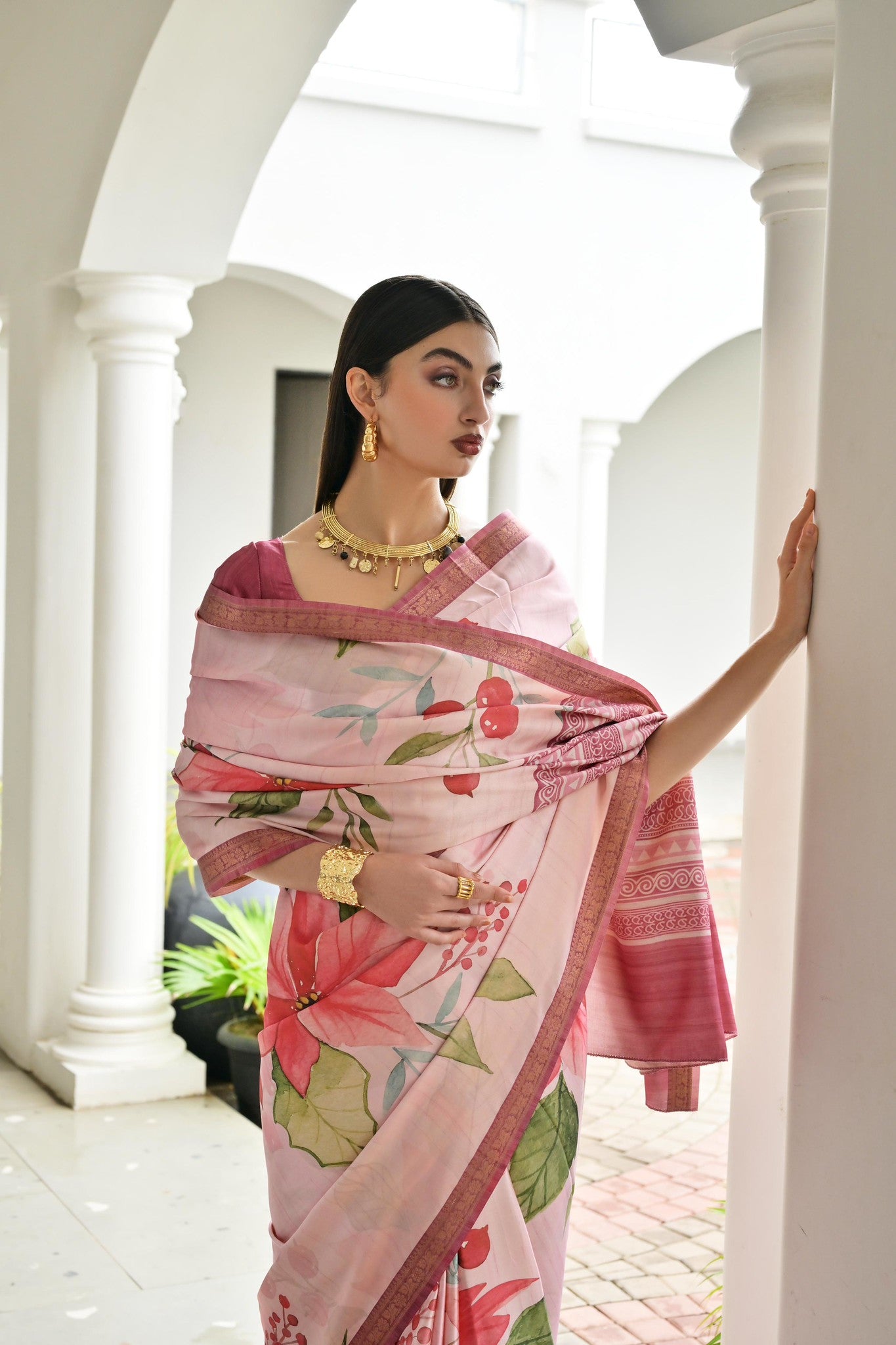 Soft Pure Satin Silk Pink Saree with Hand Painted Floral Print & Zari Border