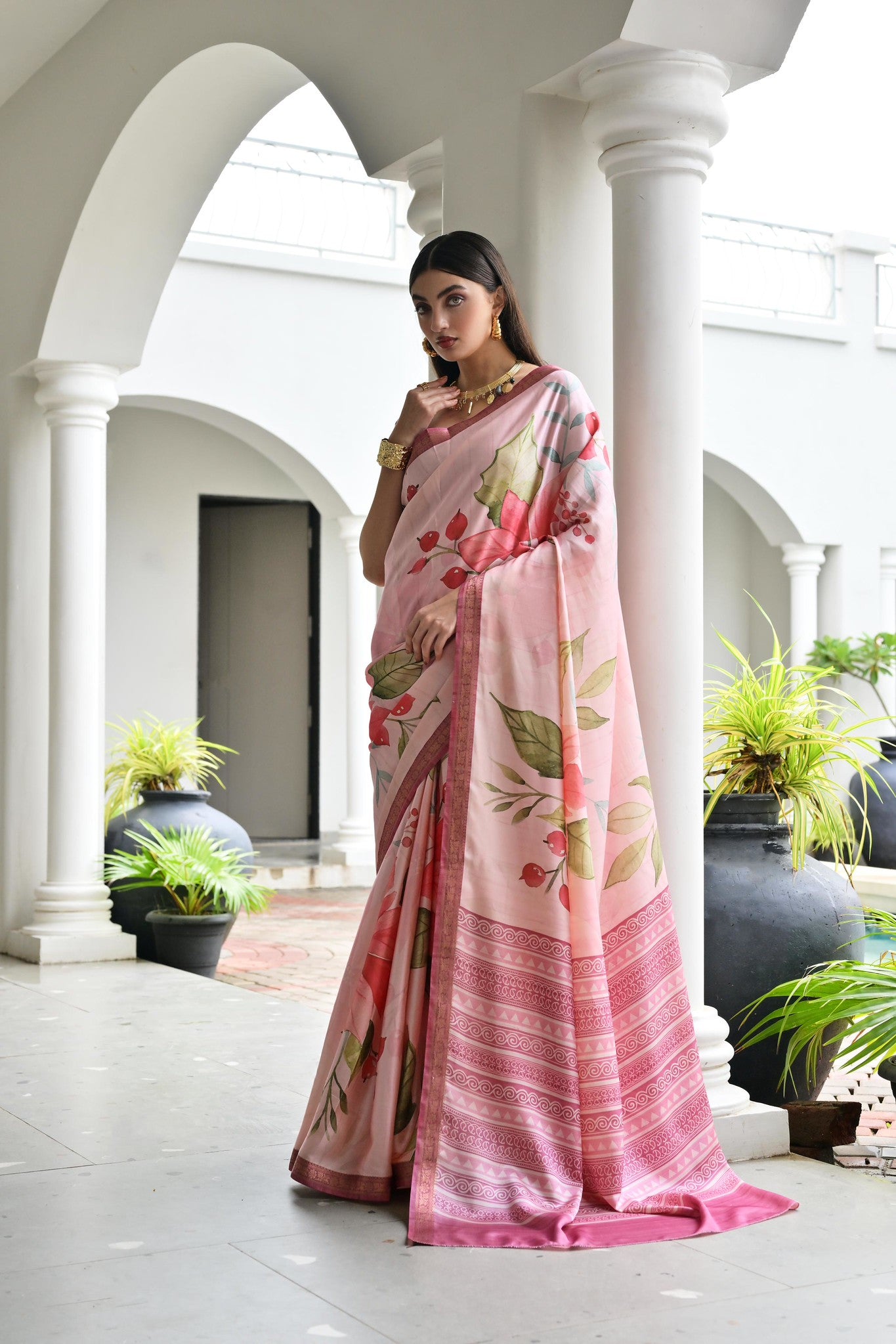 Soft Pure Satin Silk Pink Saree with Hand Painted Floral Print & Zari Border
