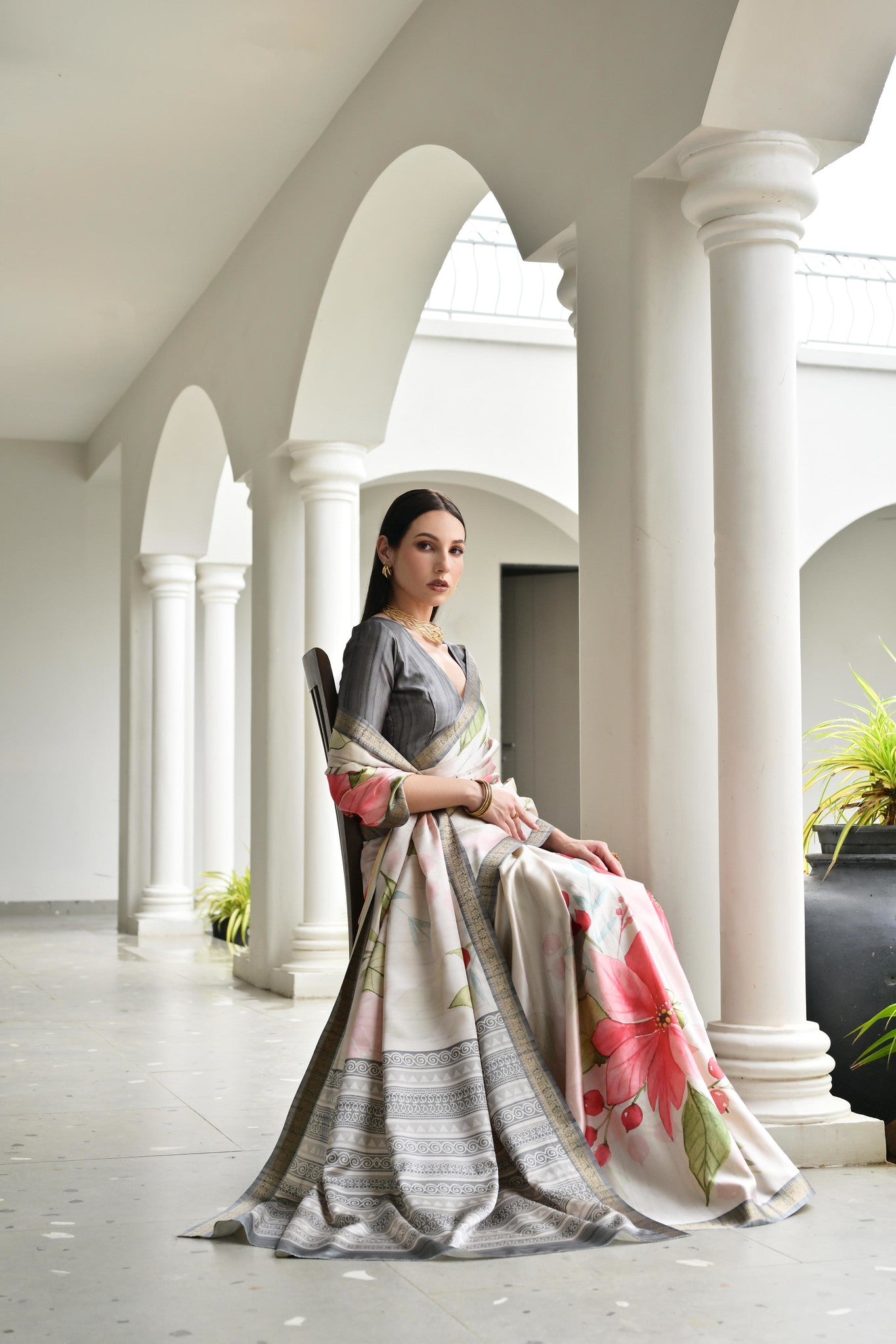 Soft Pure Satin Silk Saree with Hand Painted Floral Print & Zari Border