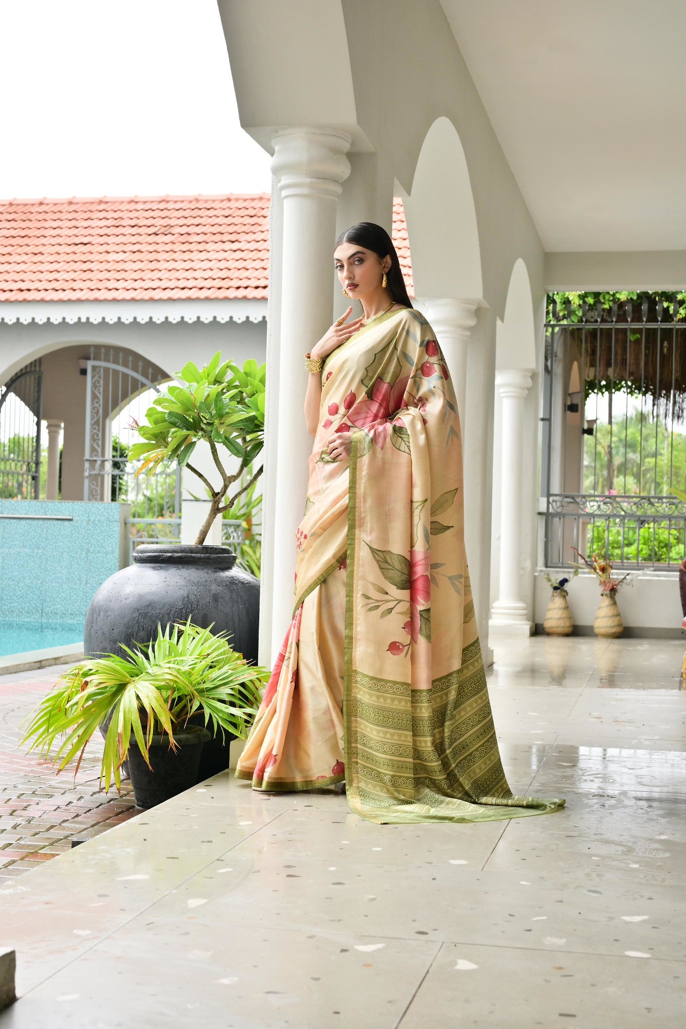 Soft Pure Satin Silk Green Saree with Hand Painted Floral Print & Zari Border