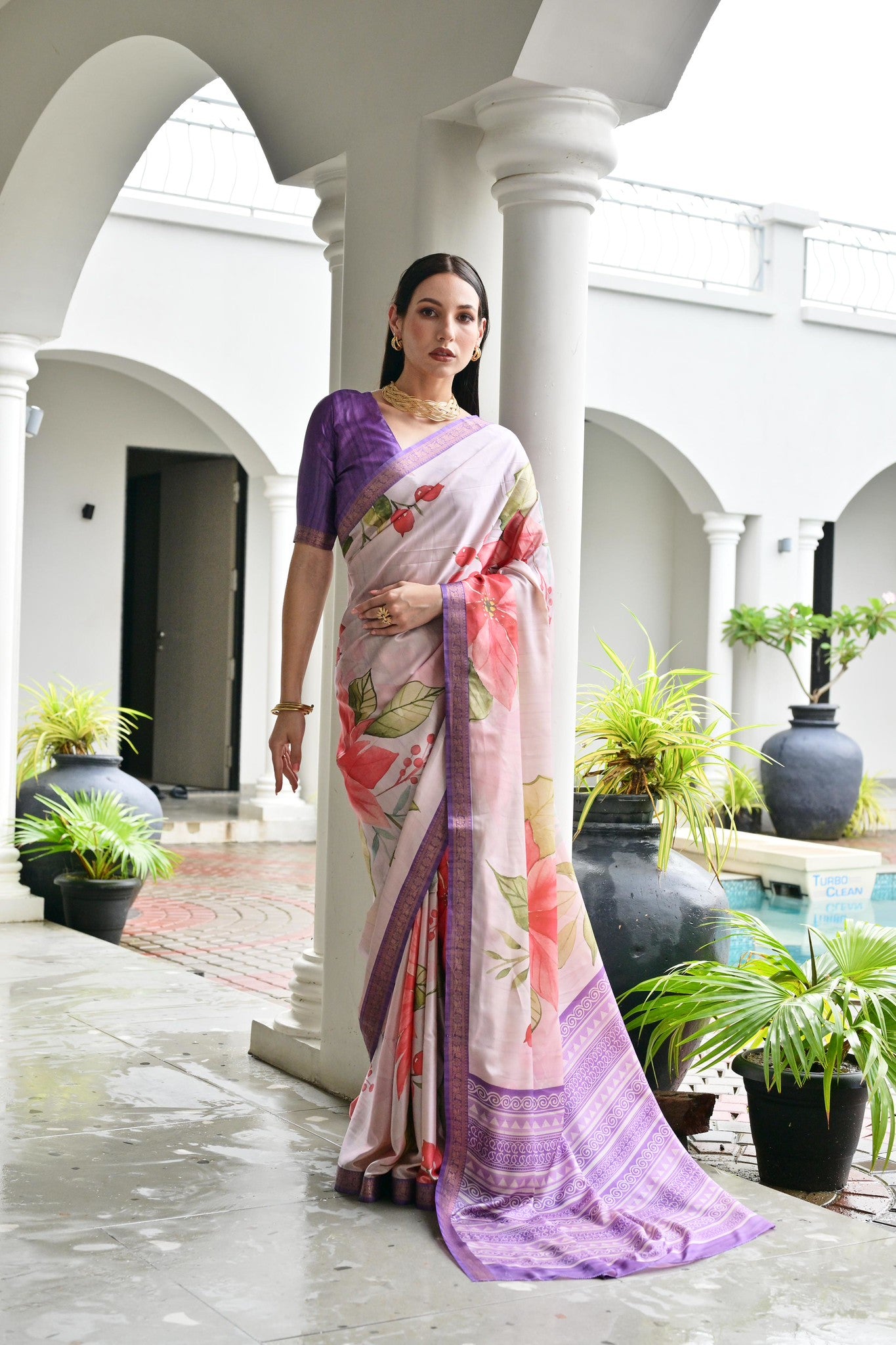 Soft Pure Satin Silk Purple Saree with Hand Painted Floral Print & Zari Border