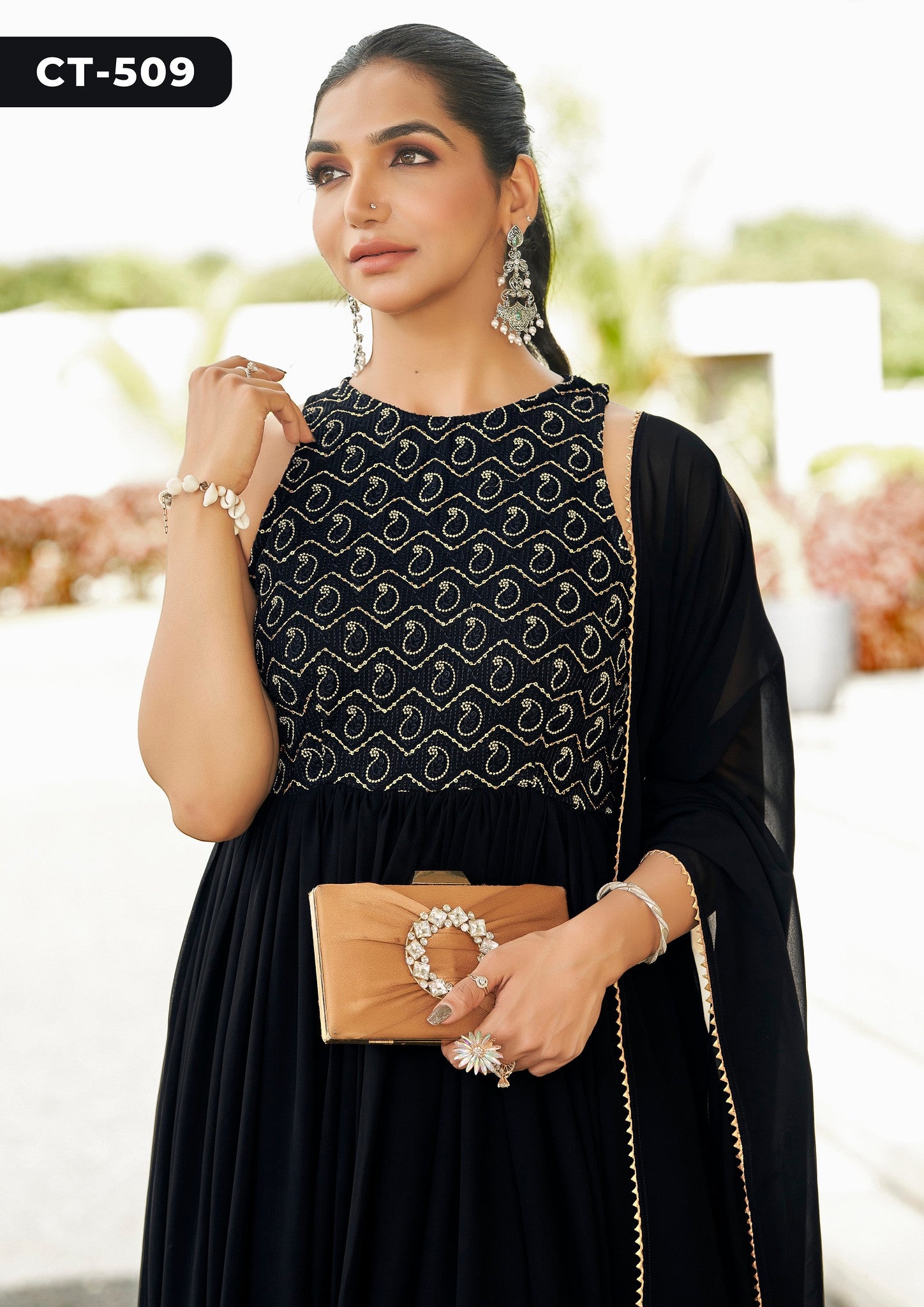 Elegant Black Georgette Sleeveless Gown with Matching Dupatta & Crepe Inner