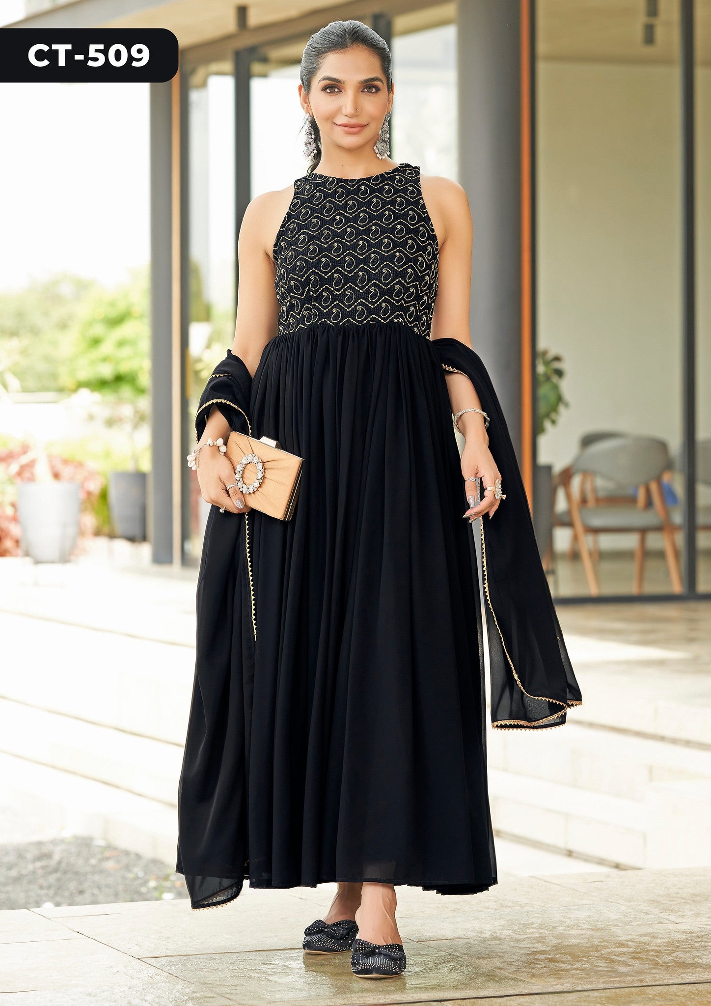 Elegant Black Georgette Sleeveless Gown with Matching Dupatta & Crepe Inner