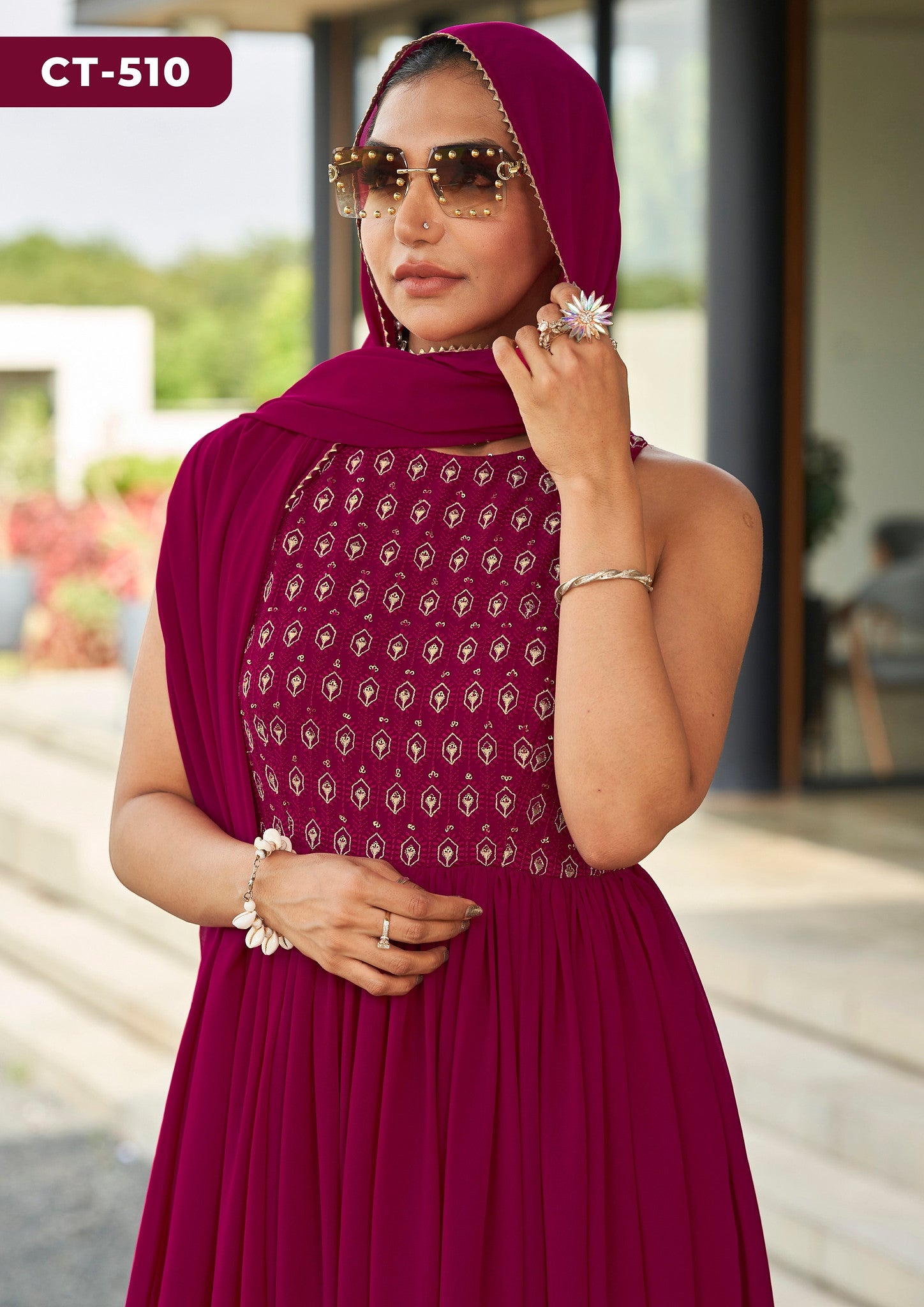 Elegant Georgette Sleeveless Gown with Matching Dupatta & Crepe Inner