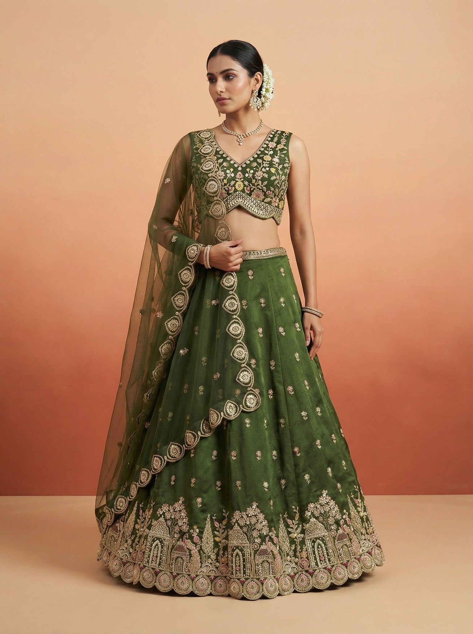Premium Chinnon Floral Embroidered Lehenga Choli with Net Dupatta | Semi-Stitched Wedding & Party Wear Lehenga