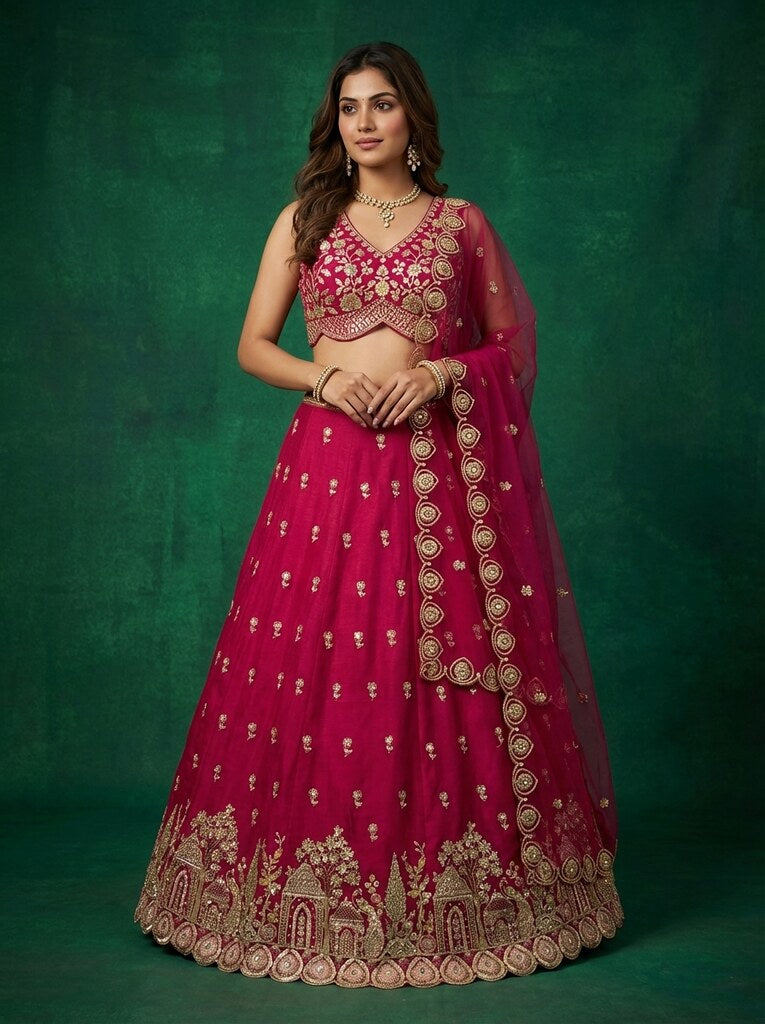 Premium Chinnon Floral Embroidered Lehenga Choli with Net Dupatta | Semi-Stitched Wedding & Party Wear Lehenga