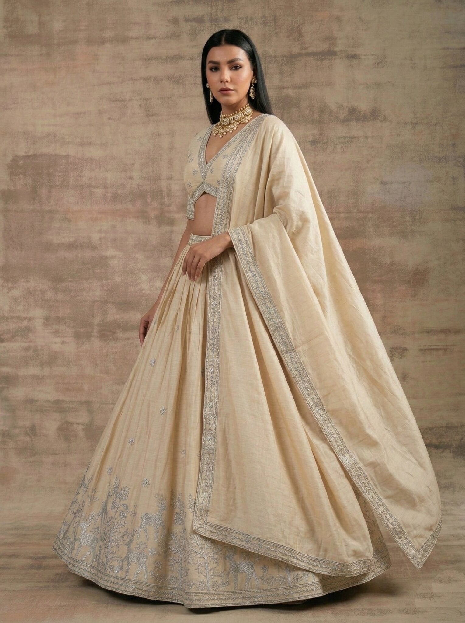 Champagne Beige Designer Lehenga Choli with Nature Embroidery, Indian Wedding Lehenga, Festive Party Wear