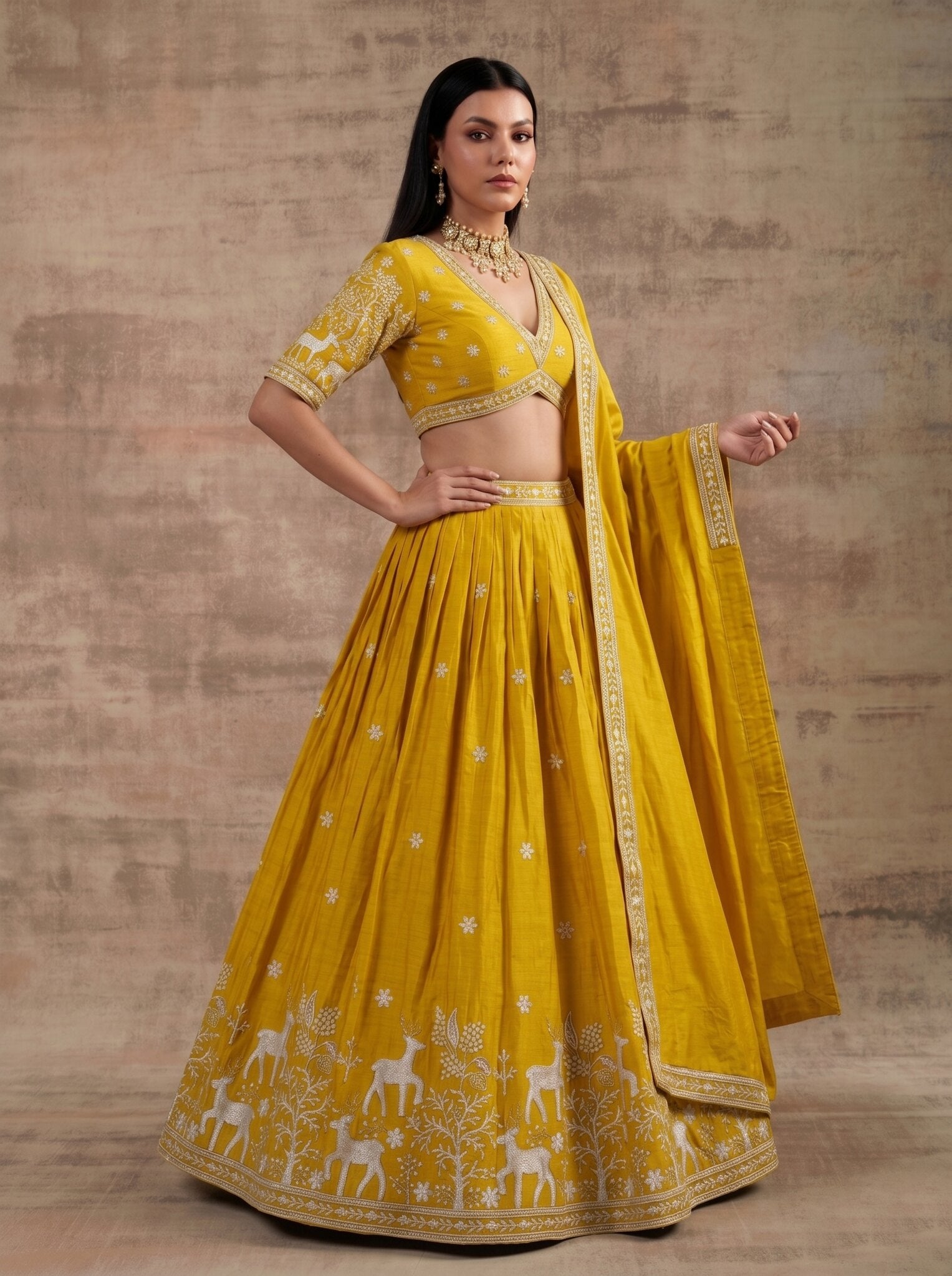Mustard Yellow Embroidered Lehenga Choli Set, Deer Motif Designer Lehenga, Indian Wedding Outfit, Festive Silk Party Wear