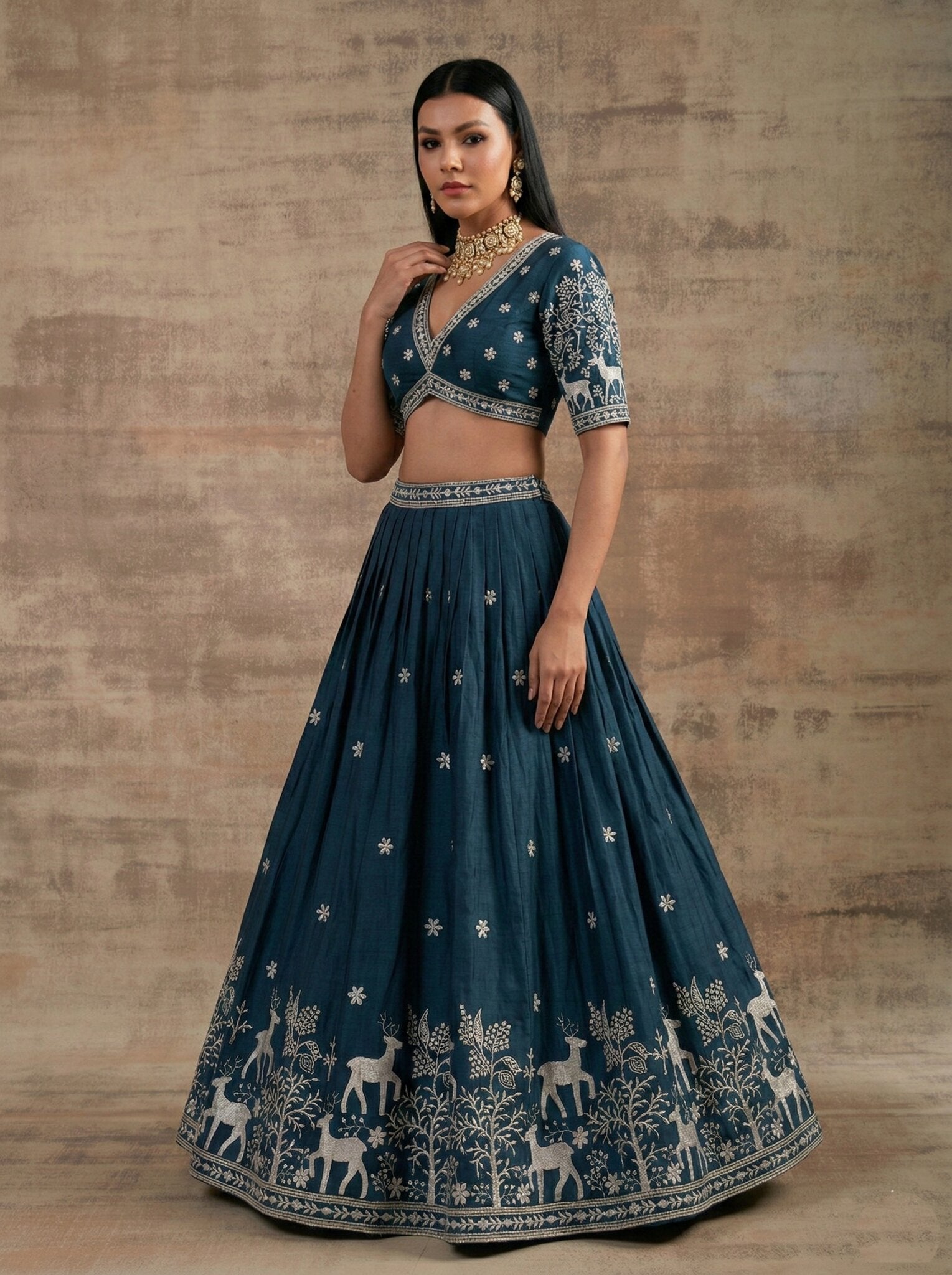 Navy Blue Embroidered Lehenga Choli Set, Deer Motif Designer Lehenga, Silk Wedding Lehenga, Indian Bridal Party Wear