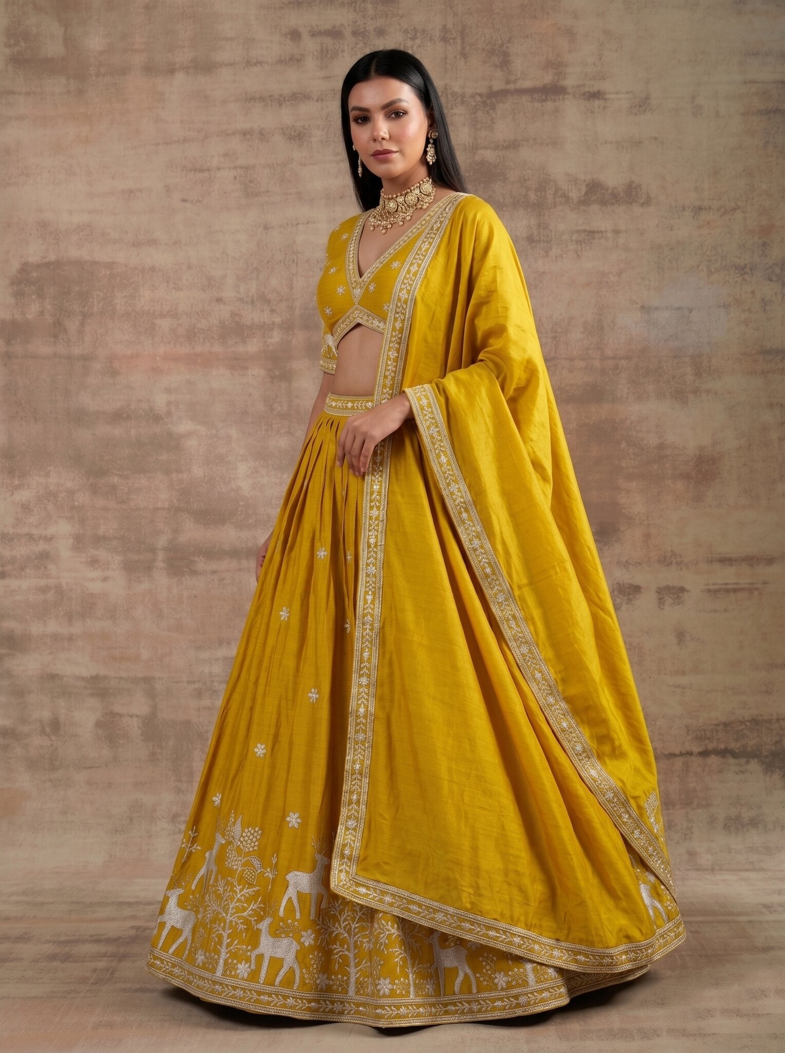 Mustard Yellow Embroidered Lehenga Choli Set, Deer Motif Designer Lehenga, Indian Wedding Outfit, Festive Silk Party Wear