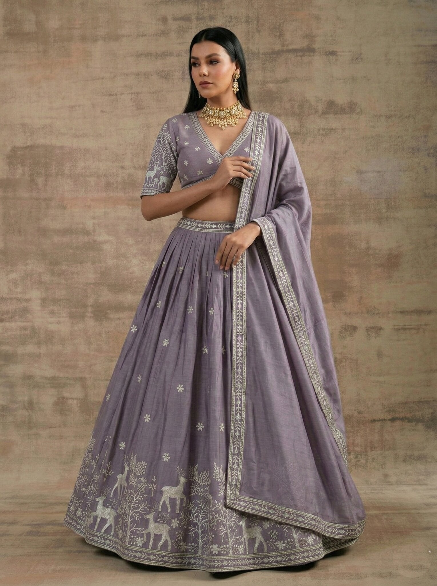 Lavender Embroidered Lehenga Choli Set, Deer Motif Designer Lehenga, Lilac Indian Wedding Outfit, Bridal Party Wear with Dupatta