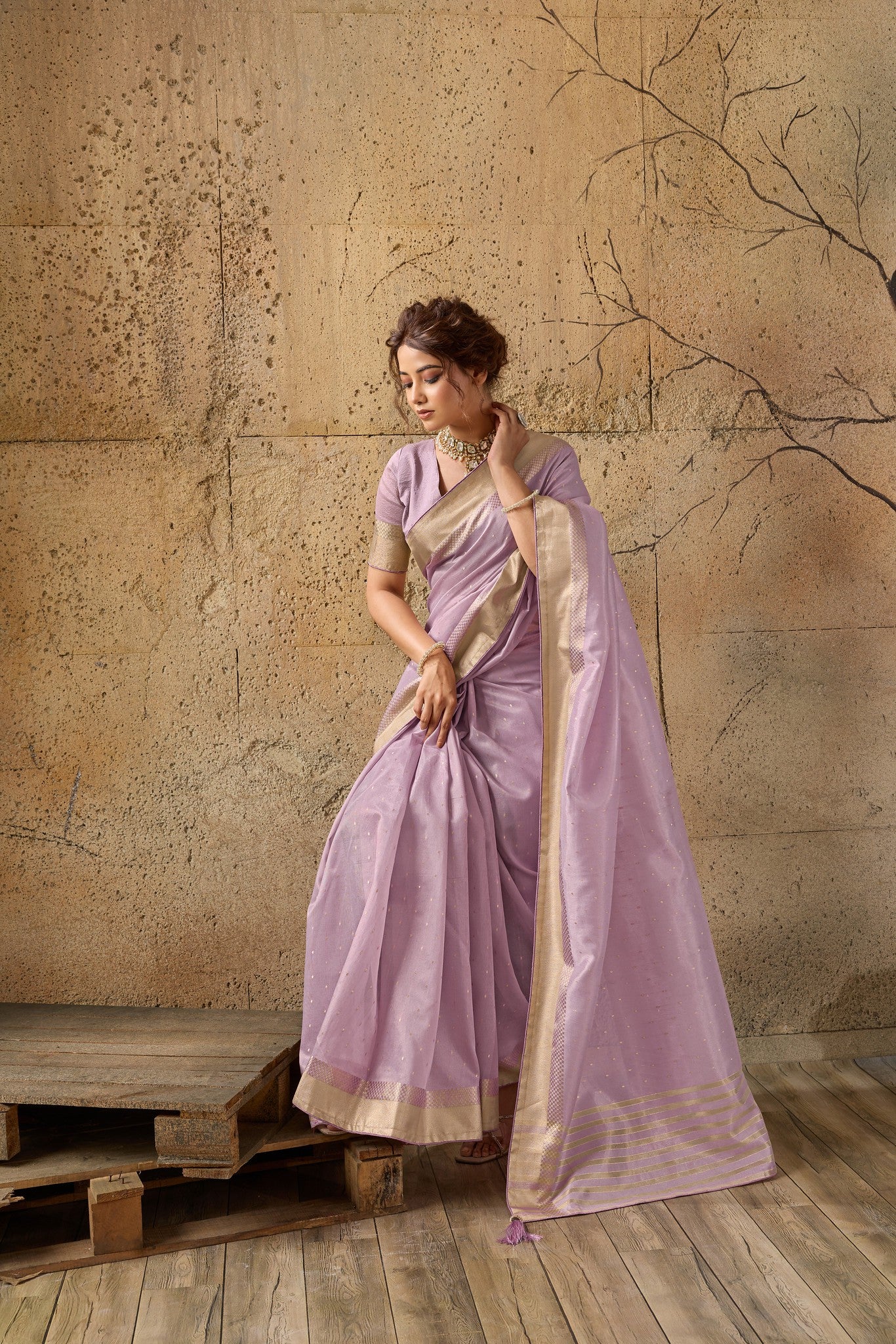 Lavender Soft Organza Silk Saree with Gold Zari Border | Designer Party Wear Indian Saree for Women