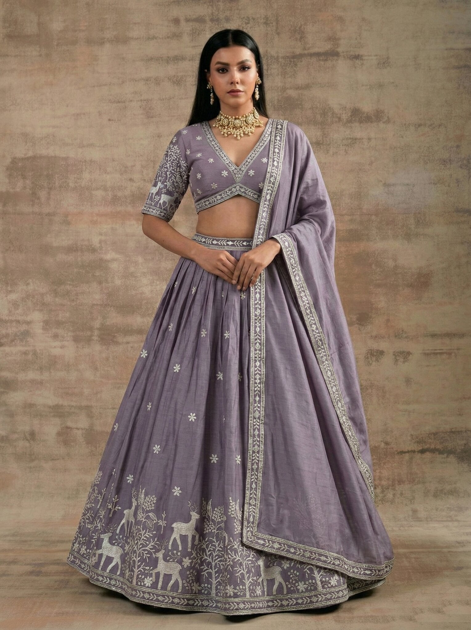Lavender Embroidered Lehenga Choli Set, Deer Motif Designer Lehenga, Lilac Indian Wedding Outfit, Bridal Party Wear with Dupatta